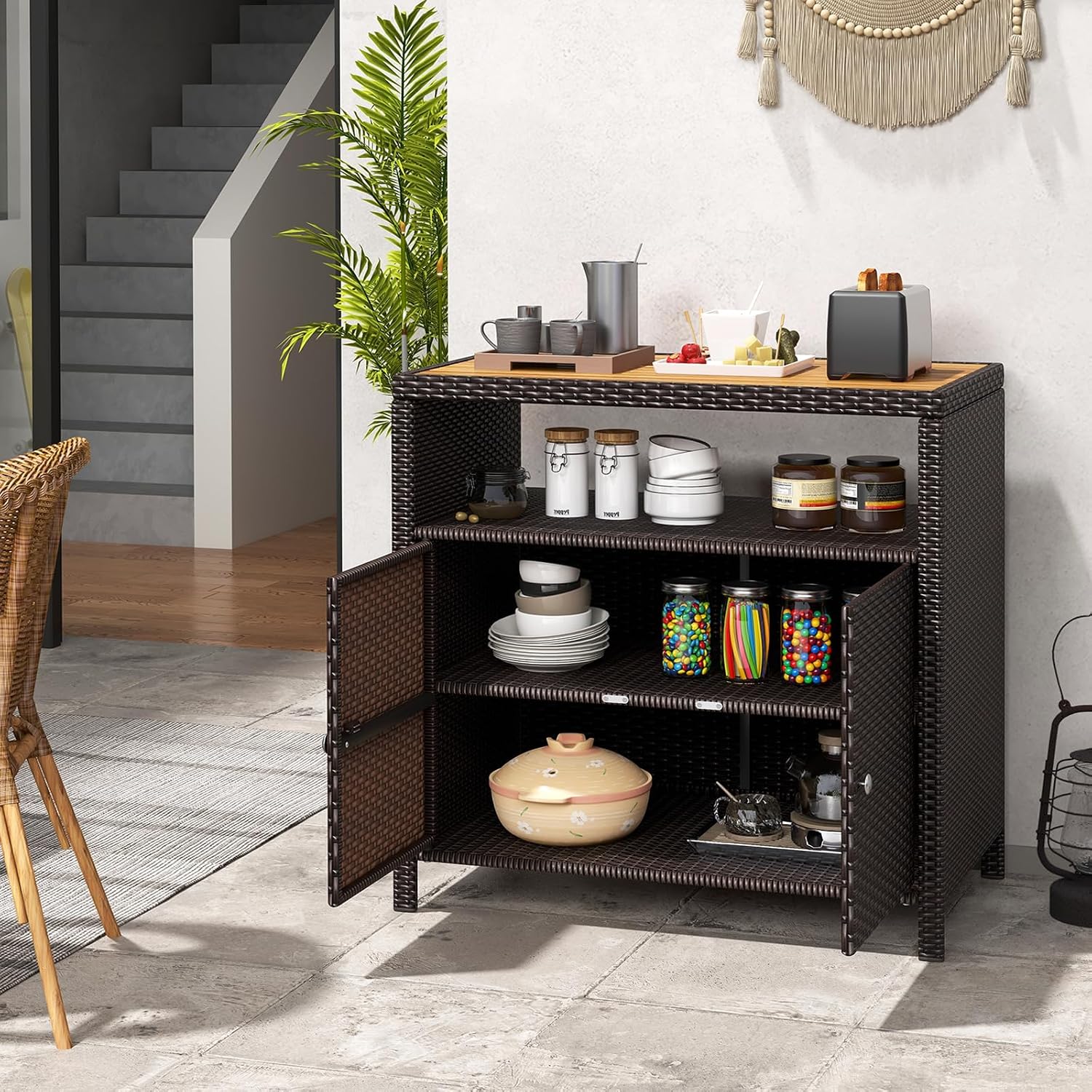 Tangkula Rattan Outdoor Storage Cabinet, Patiojoy Outdoor Cabinet with Acacia Wood Countertop, Open Compartment, 2-Door Wicker Sideboard, Outdoor Bar for Patio Garden Backyard Poolside (Mix Brown)