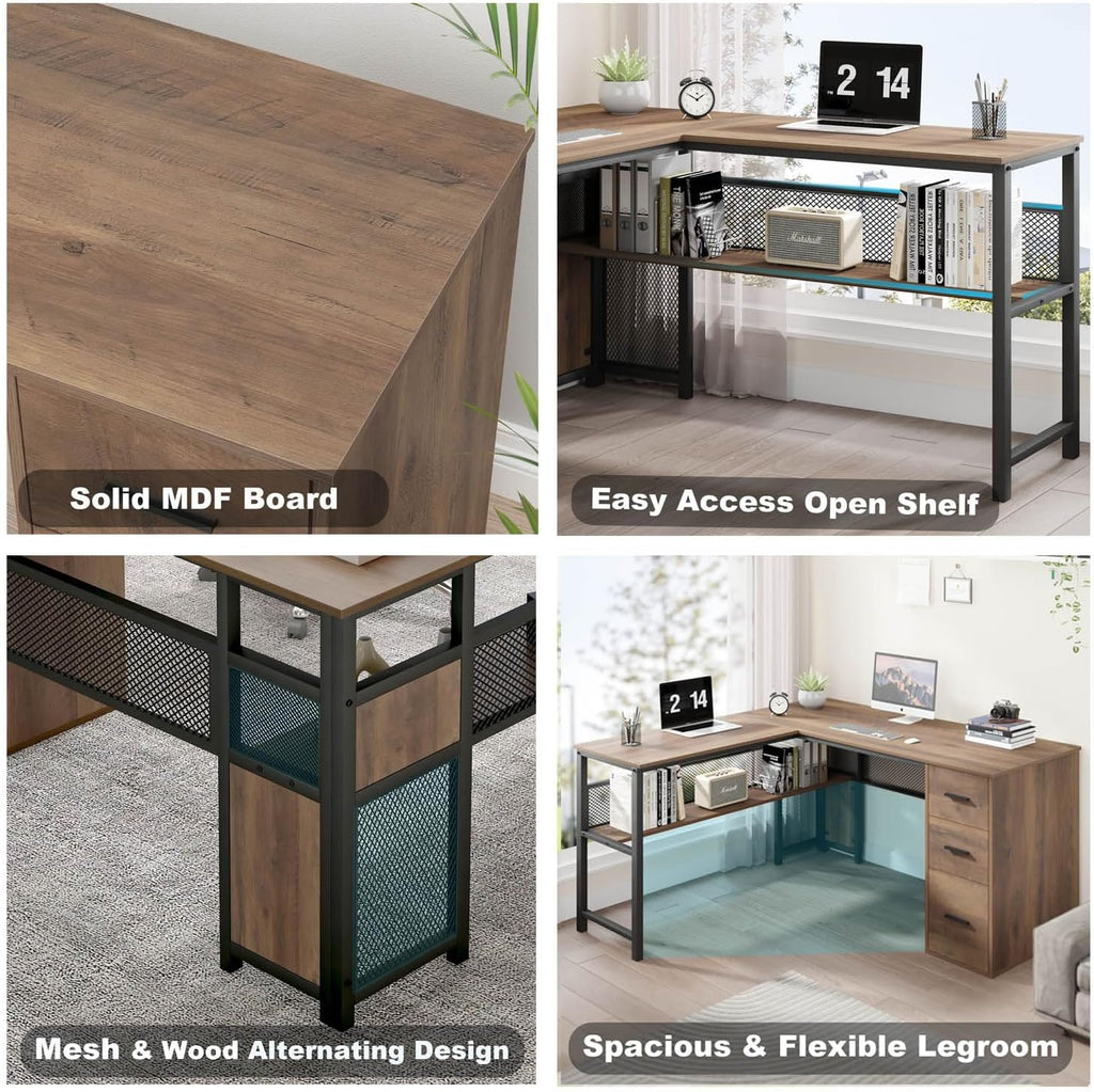 LVB Wood L Shaped Desk, Large Computer Office Desk with File Cabinets, Reversible Executive L Shape Gaming Desk with Drawers, Metal Wooden Corner Desk Table with with Storage Shelf, Rustic Oak 59 Inch