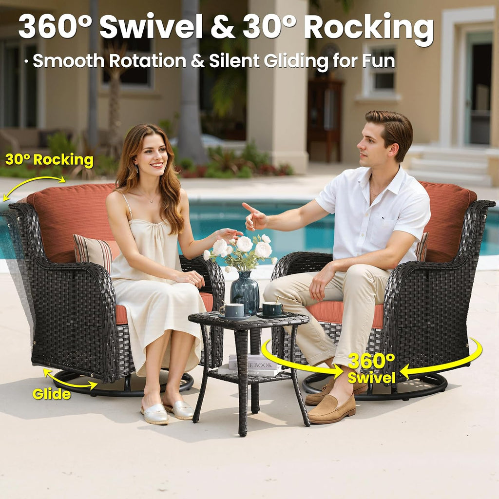 ovios 5-Piece Patio Furniture Set with Swivel Chairs Side Table, Outdoor Wicker Sofa with 42' Fire Pit Table, High Back Couch Modern Conversation Sets, Brown/Orange Red