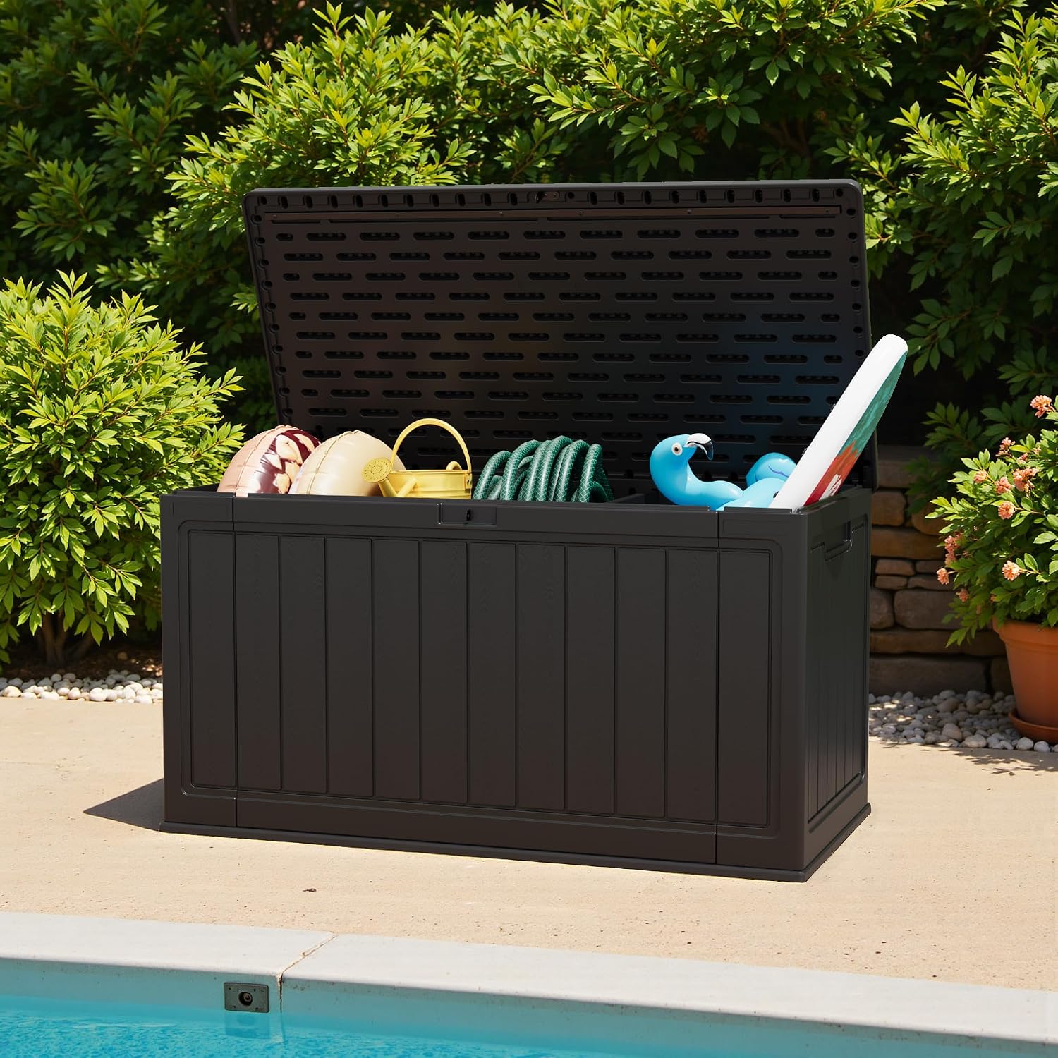 Greesum 150 Gallon HDPE Outdoor Storage Box - Waterproof, Large Capacity Deck Box with Removable Dividers for Patio, Yard, Garden Tools, Black