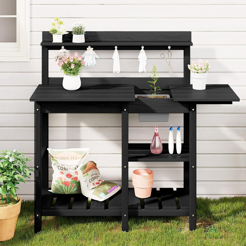 SERWALL Outdoor Potting Bench 2-Piece Set, Rot-Resistant HDPE Potting Table with Removable Sink for Outside Gardening, All-Weather Use - Black