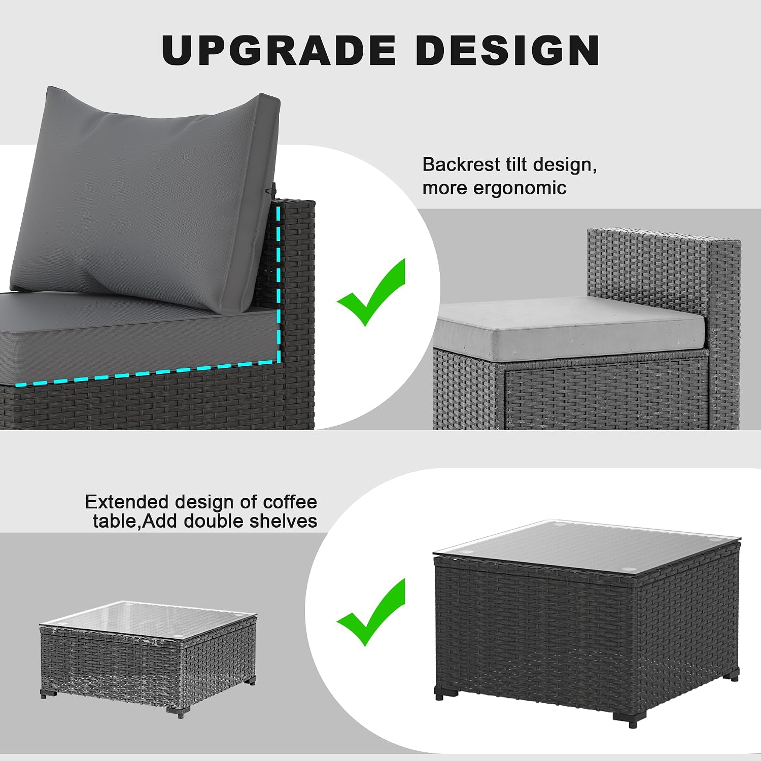 Patio Furniture Set, 5PCS Outdoor Sectional with Ottoman Wicker Rattan Patio Furniture with Thickened Cushion Modular Wicker Patio Conversation Set with Glass Top Table for Balcony, Backyard (Grey)