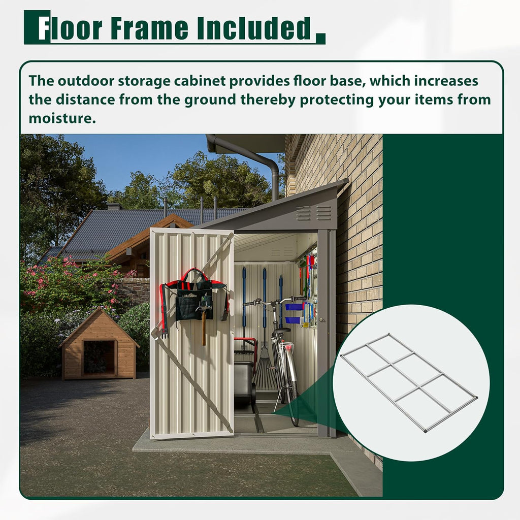 YOPTO 4x8 FT Lean to Metal Shed,Outdoor Storage Shed W/Floor Frame & Reversible Installation,All Weather Waterproof Garden Tool House W/Lockable Door & 2 Air Vents,for Backyard,Patio,Lawn,Gray