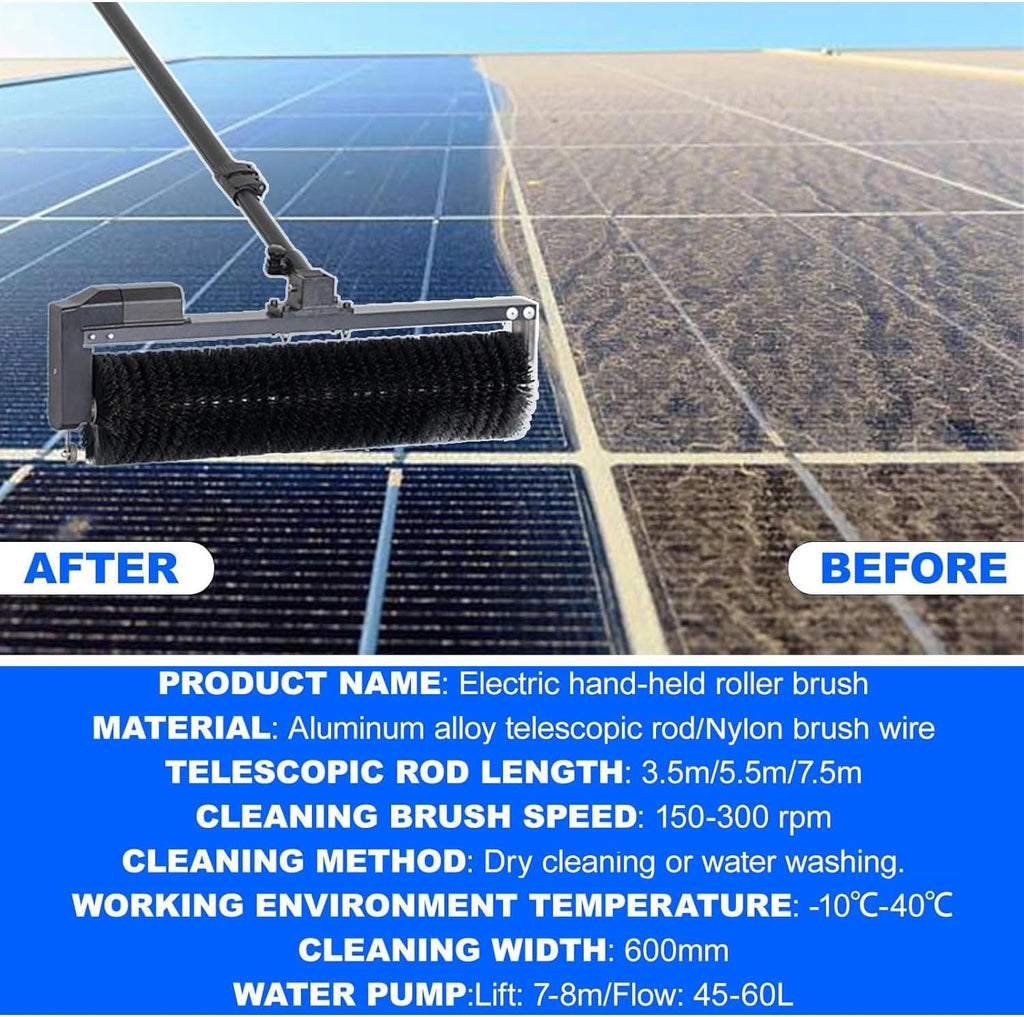 Electric Solar Panel Cleaning Tools, 60cm Roller Brush Head, Solar Photovoltaic Panel Cleaning Machine, Water Fed Pole Cleaning Kit,5.5M