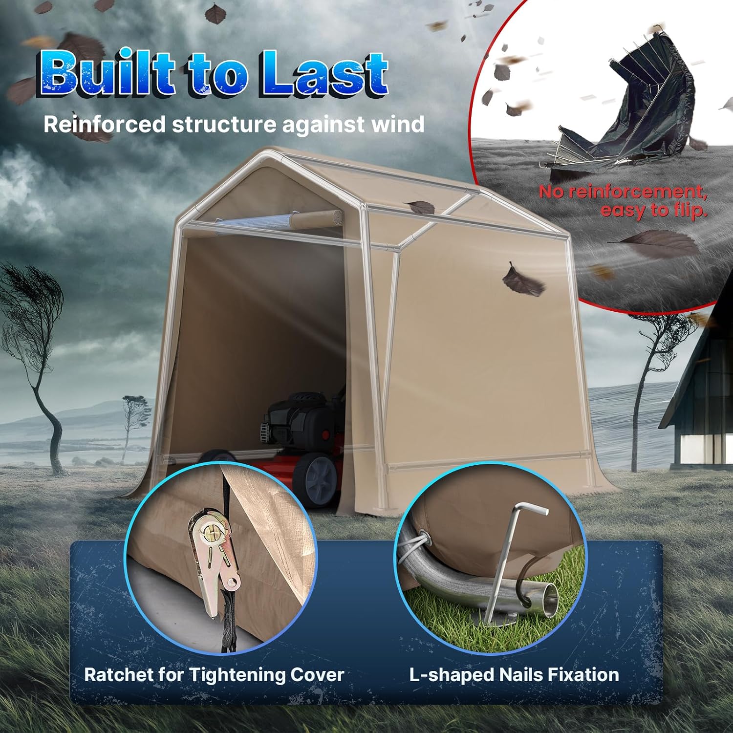 ADVANCE OUTDOOR 6x8 ft Outdoor Portable Storage Shelter Shed with 2 Roll up Zipper Doors & Vents Carport for Motorcycle Waterproof and UV Resistant Portable Garage Kit Tent, Beige