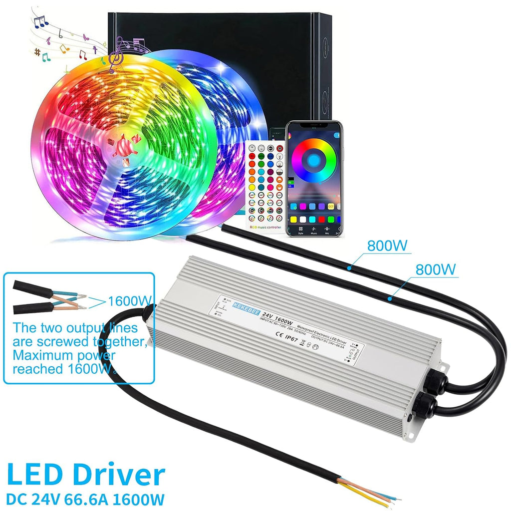 LED Driver 24V1600W Waterproof Power Supply AC 90-130V to DC 24V66.6A Waterproof Switching Power Supply IP67 Transformer Suitable for Indoor and Outdoor LED Lighting and Any 24V DC Equipment