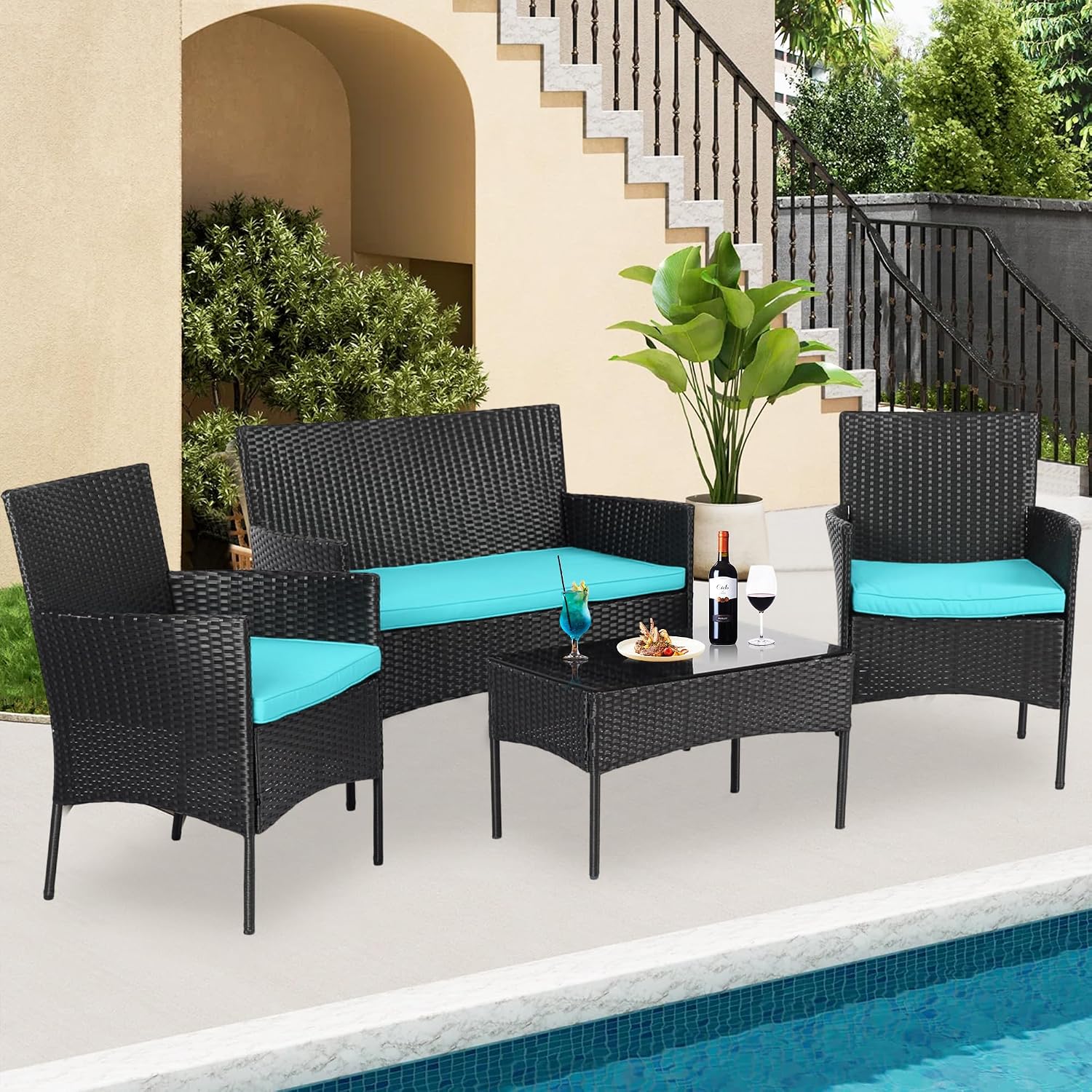 4 Pieces Patio Furniture Set,Rattan Chair Wicker Sofa Garden Conversation Sets,Outdoor Patio Set for Garden Lawn Pool or Backyard,Armrest Chair Loveseat with Tempered Glass Table（Blue）