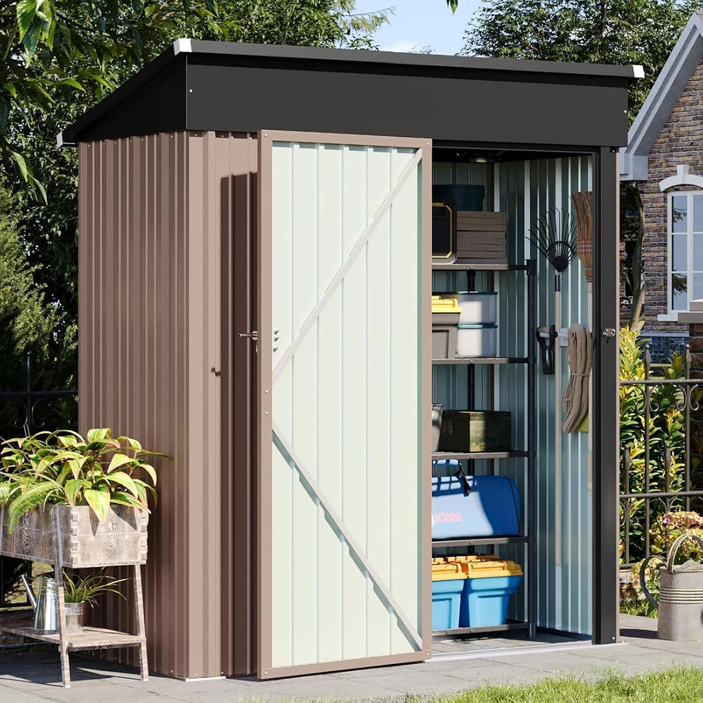 Aoxun 5' x 2.9' Shed Outdoor Storage Shed with Lockable Doors & Slooping Roof Metal Garden Tool Shed for Backyard, Patio, Poolside (Brown)