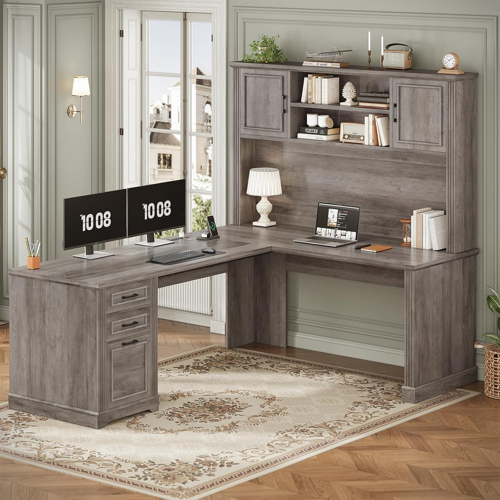 SEDETA Farmhouse L Shaped Desk with Hutch and 3 Drawers, 68.9' Executive Office Desk with File Drawer and Power Outlet, Corner Computer Desk with Storage Shelves for Home Office (Grey)
