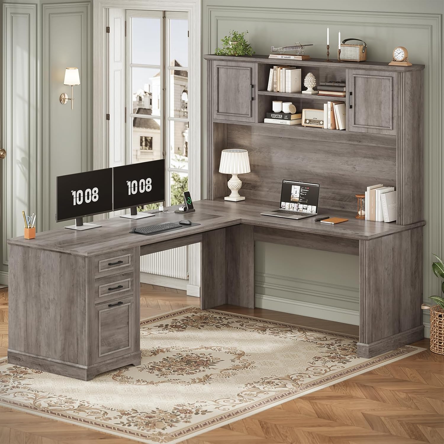 SEDETA Farmhouse L Shaped Desk with Hutch and 3 Drawers, 68.9' Executive Office Desk with File Drawer and Power Outlet, Corner Computer Desk with Storage Shelves for Home Office (Grey)