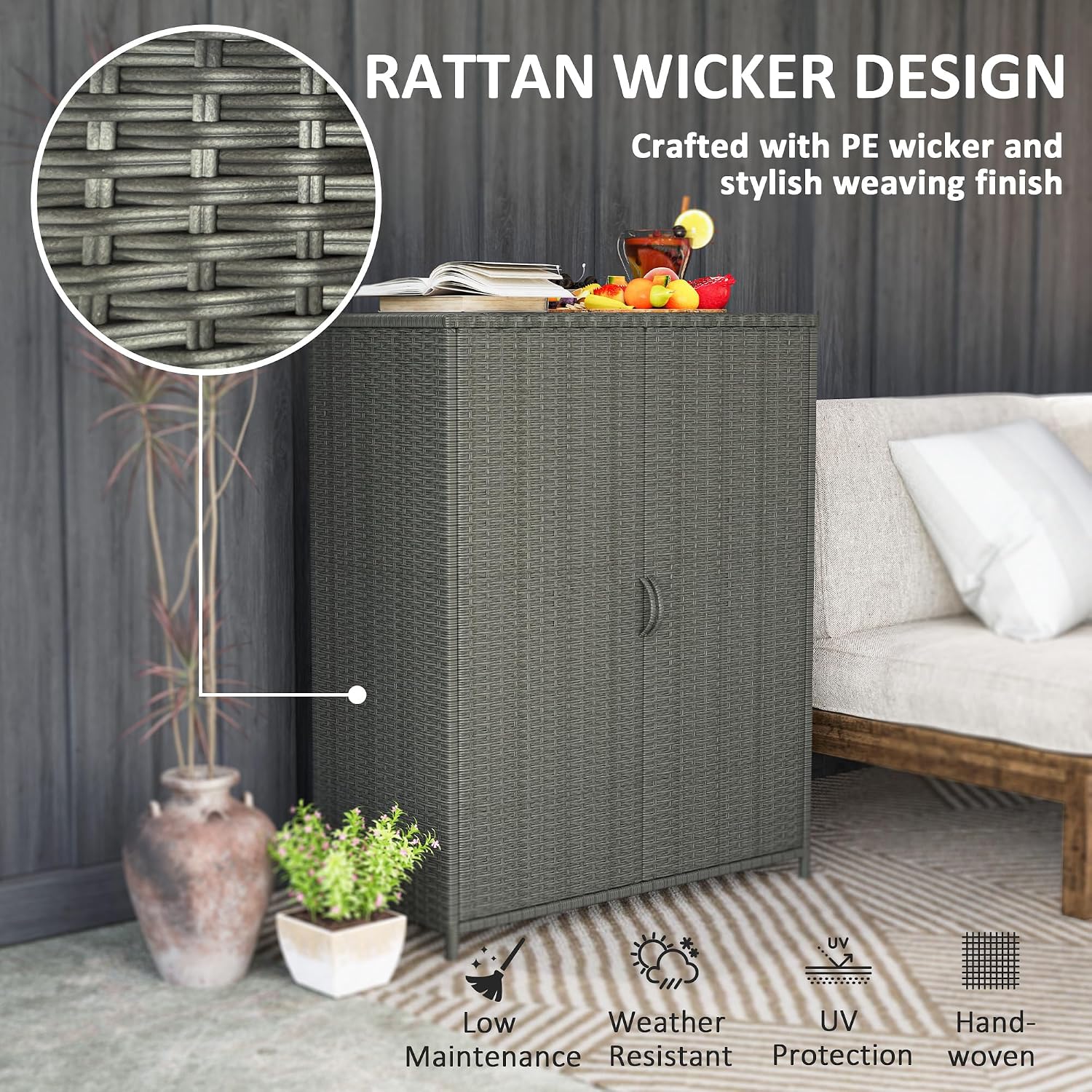 Outsunny Wicker Outdoor Storage Cabinet with Shelves, 4-Shelf Outdoor Pool Towel Cabinet with Two Doors, Rattan Patio Storage Shelves for Garden, Backyard, Porch, Dark Gray