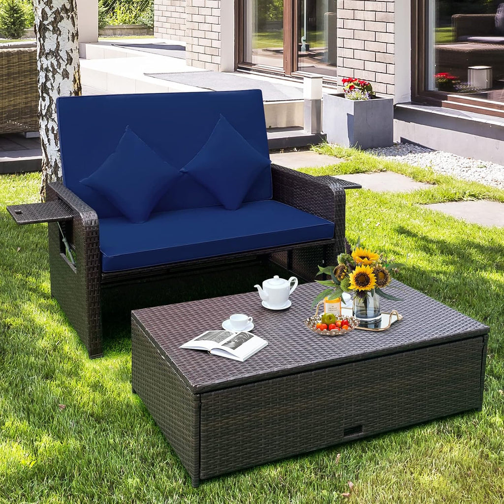 Tangkula Patio Rattan Daybed with 4-Level Adjustable Backrest, Outdoor PE Wicker Loveseat with Storage Ottoman & Folding Side Tray, Double Sunbed Lounger for Balcony, Backyard & Poolside, Navy & Brown