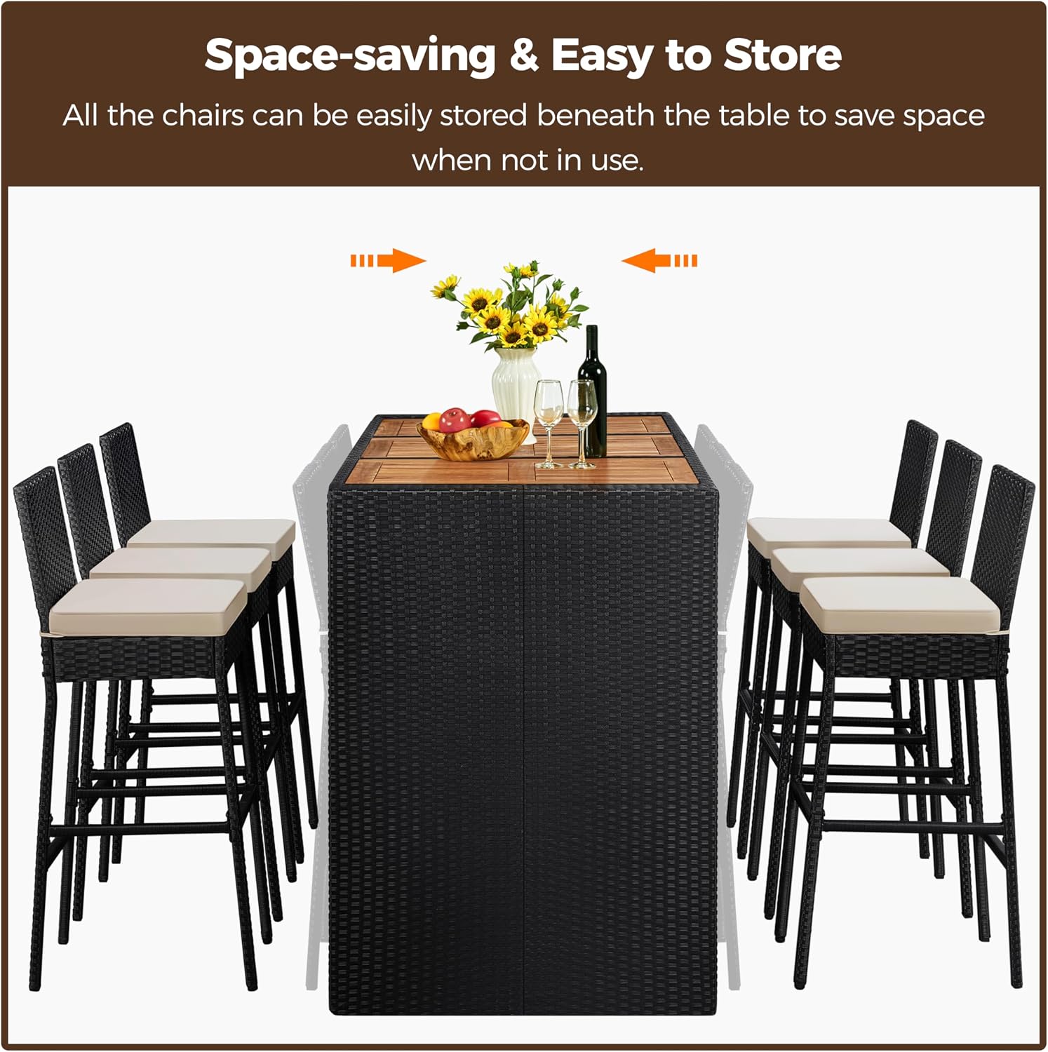 Yaheetech 7 Piece Patio Dining Set Outdoor Acacia Wood Bar Table and Chairs with Removable Cushions, Wicker Furniture Set for Deck, Backyard, Garden, Black/Beige