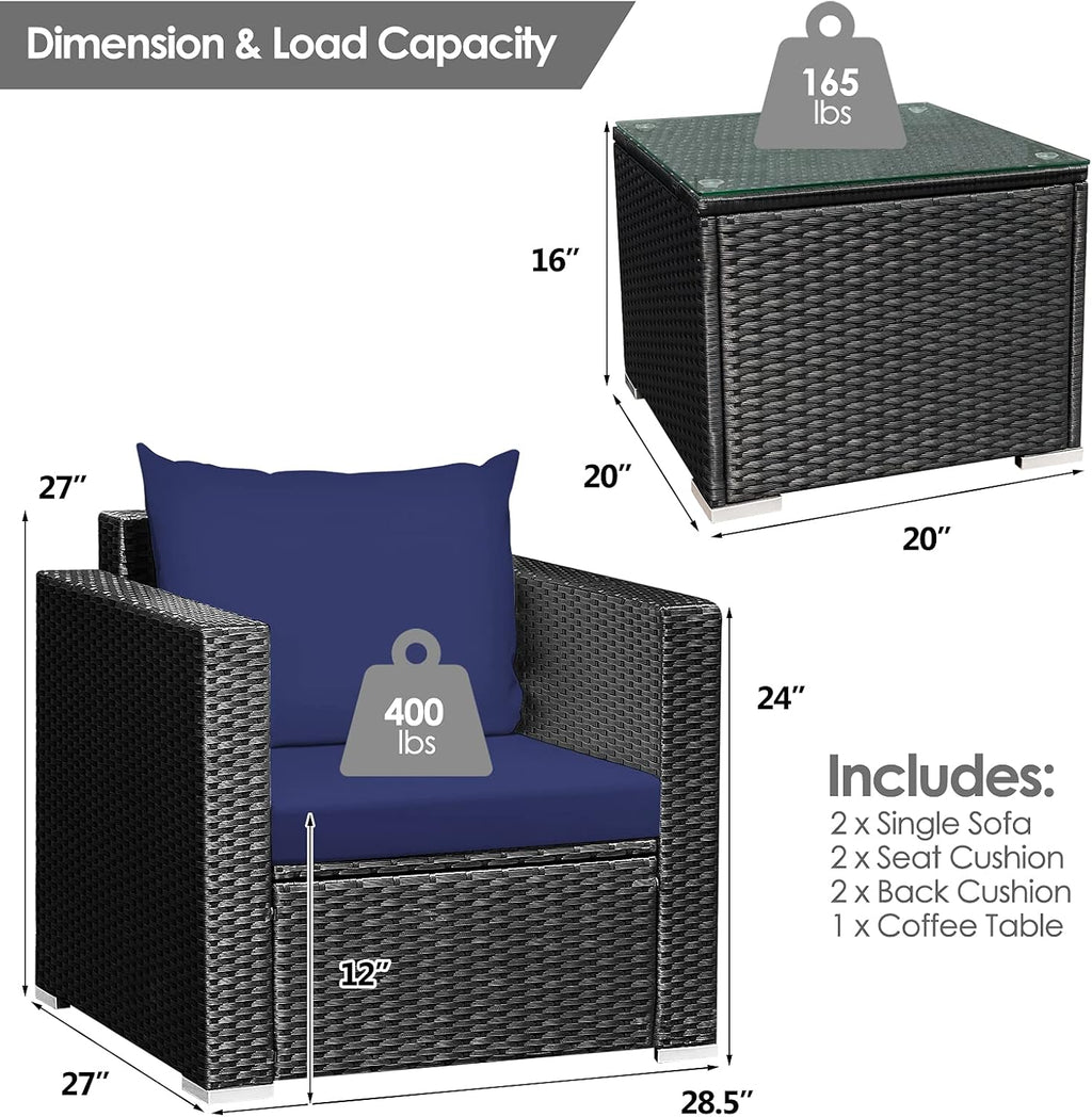 HAPPYGRILL 3-Piece Patio Furniture Set Rattan Wicker Patio Conversation Set with Coffee Table and Cushions Outdoor Sofa Set for Garden Balcony Porch Poolside