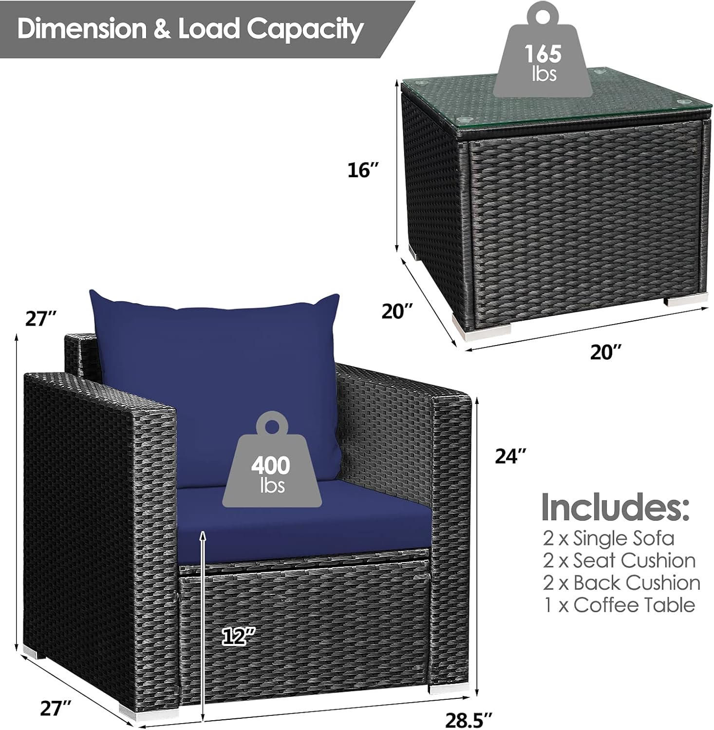 HAPPYGRILL 3-Piece Patio Furniture Set Rattan Wicker Patio Conversation Set with Coffee Table and Cushions Outdoor Sofa Set for Garden Balcony Porch Poolside