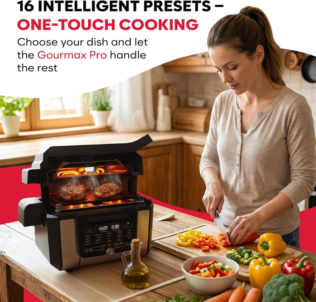 Foodgenie Gourmax Pro One Cooking Device - All-in-One Oven, Smokeless Grill, Air Fryer, Griddle, Cooker & More – 16 Preset Functions, Smart Temperature Control, Dual Surface, Dishwasher Safe, 1500W
