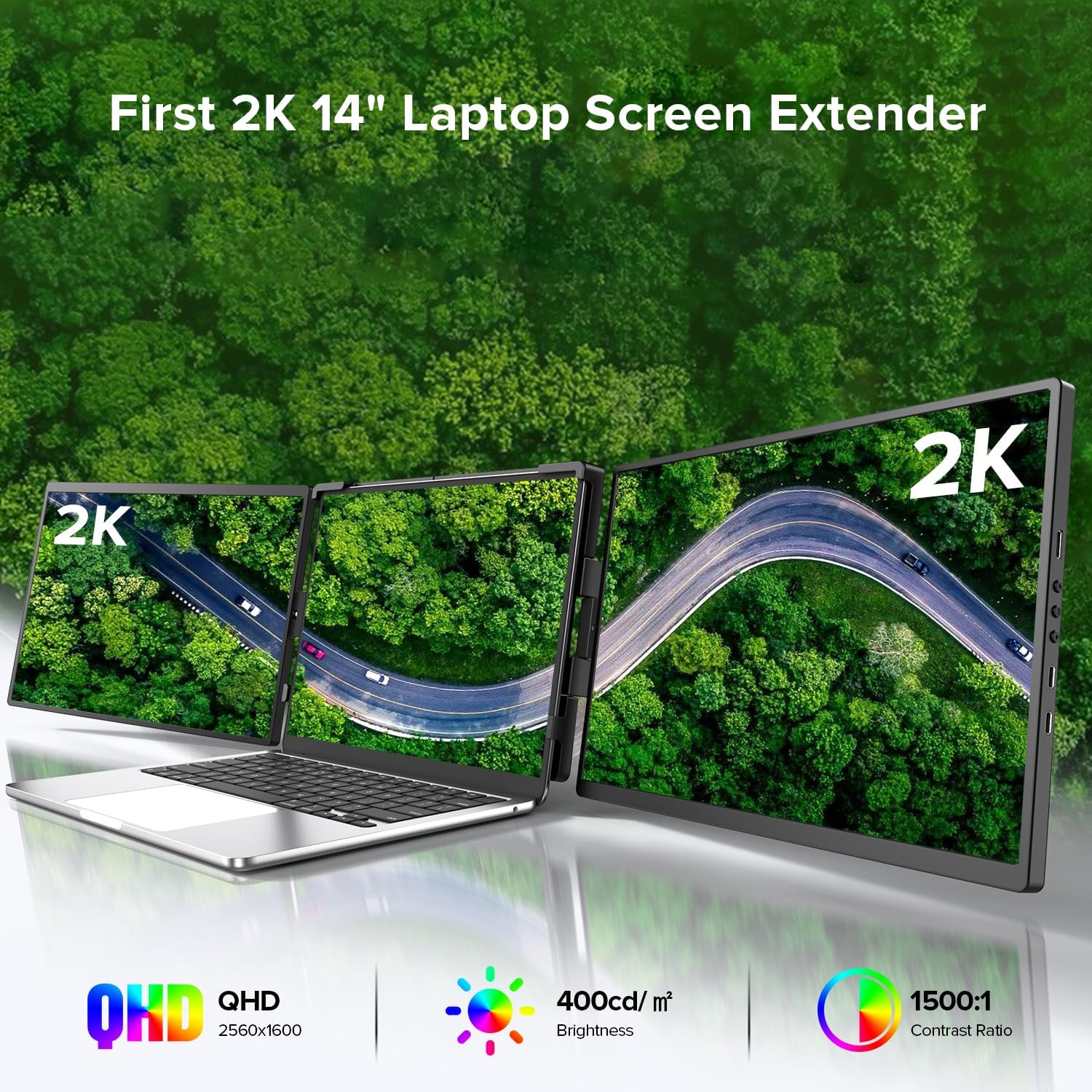 UPERFECT Laptop Screen Extender, 2K 14' 360° Patented Unique Swivel Hinge Triple Monitor, 2240x1400 QHD IPS Portable Dual Monitor for 13.3'-17.3'' Laptops, Plug & Play with Mac, Wins, Android