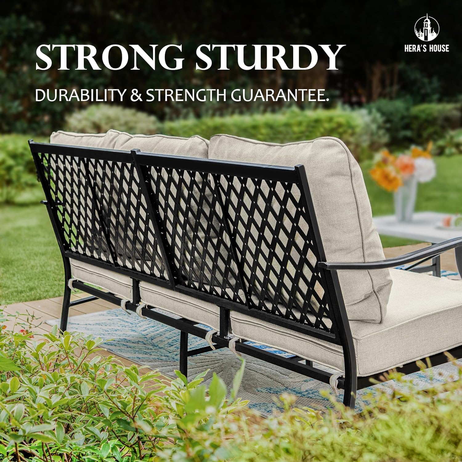 HERA'S HOUSE 7 Piece Patio Furniture Set, 4 x Fixed Metal Cushioned Chair, 2 x Cushioned Ottoman, 1 x 3-Seat Sofa, Outdoor Conversation Set for Lawn Garden Backyard Poolside
