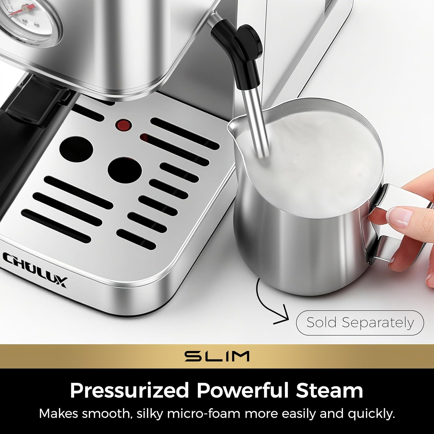 CHULUX Slim Espresso Machine with Milk Frother, 20 Bar Professional Italian Pump Espresso Coffee Machine for Home Cappuccino & Latte Maker, Stainless Steel, Silver