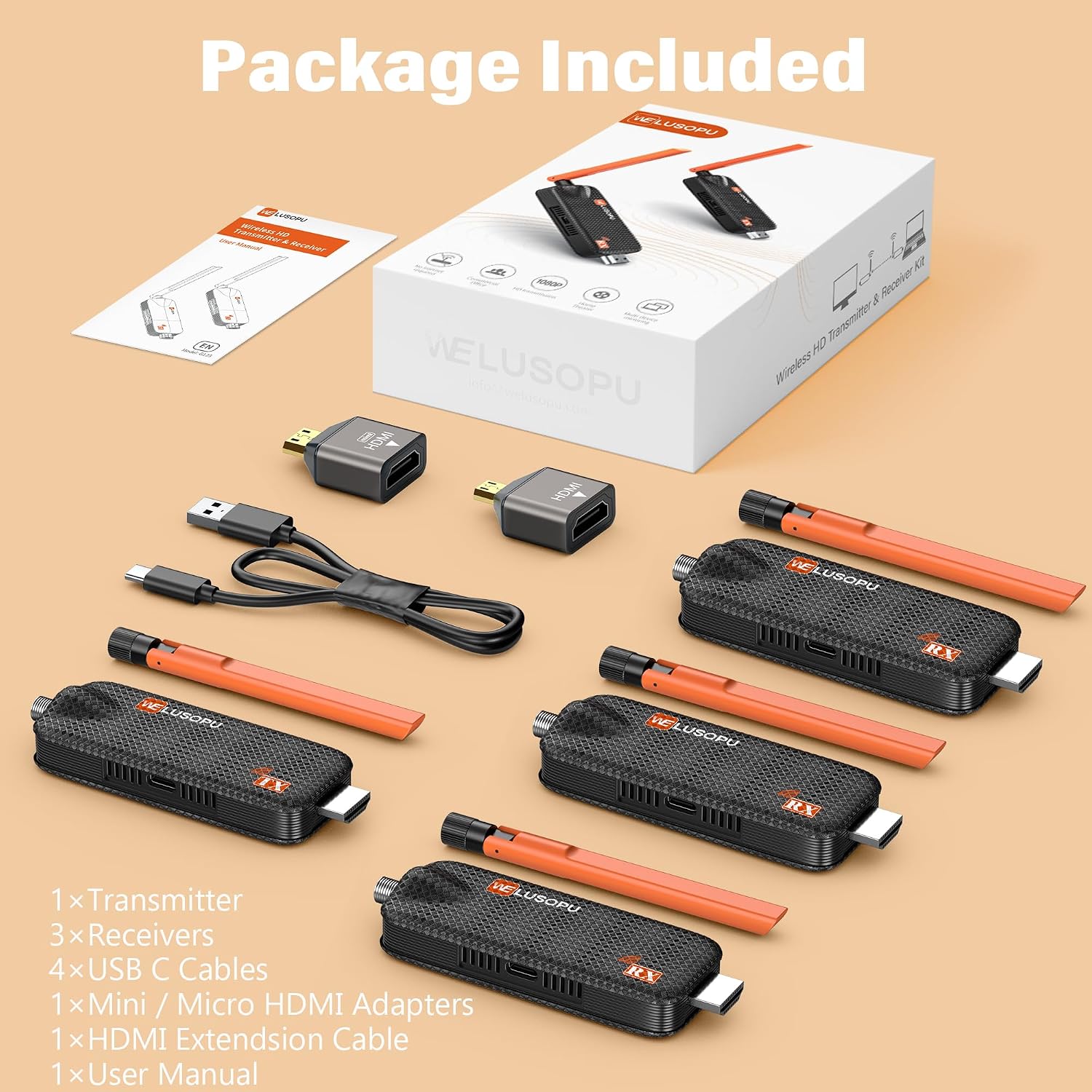 Wireless HDMI Transmitter and 3 Receivers, Support Up to 6 Receivers, 5.8G WELUSOPU HDMI Wireless Extender Casting Content for PC Laptop Camera Cable Box to Multiple TVs Monitors Projectors -165FT