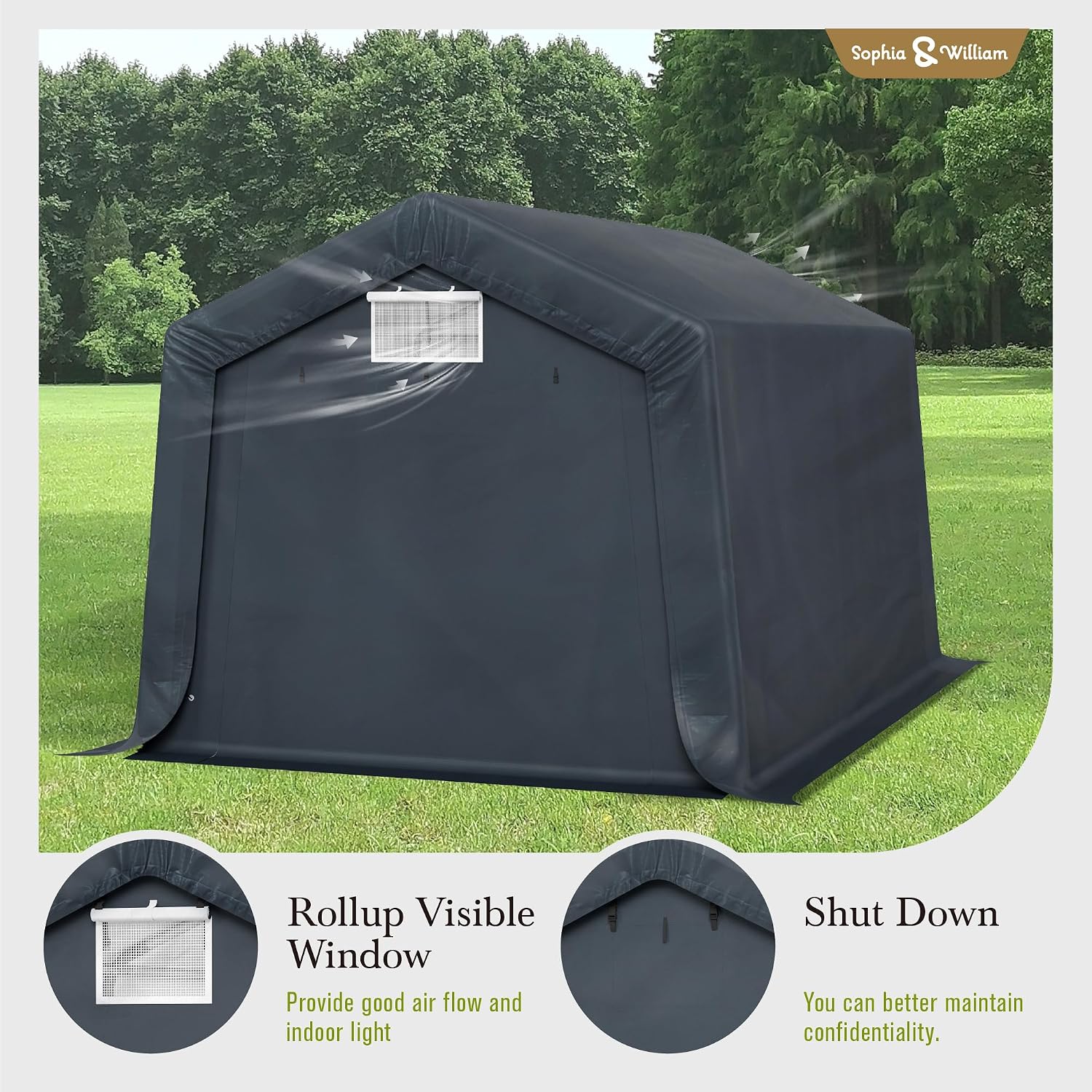 Sophia & William Carport Storage Shed 10x15 ft Portable, Heavy Duty Car Port Canopy Garage Shelter with Sidewalls and Roll Up Doors for Automobile Boat Motorcycle Bike, Gray