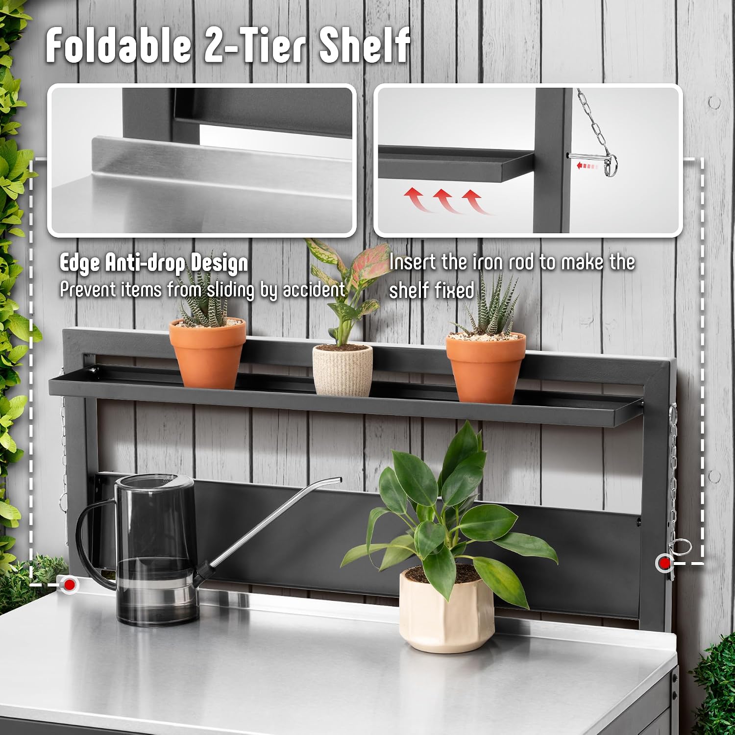 Feasto Garden Potting Bench with Storage Cabinet,Outdoor Gardening Table & Work Bench for Plants, Horticulture,Outdoor Workstation with Stainless Steel Tabletop,Outdoor Work Table with Elevated Rack