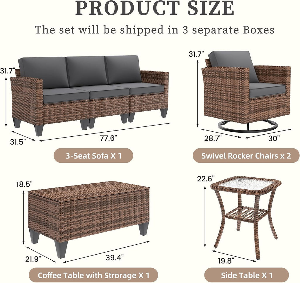 UDPATIO Patio Furniture Set, 5 Pieces Outdoor Conversation Sets with Rocking Swivel Chairs, Wicker Rattan Outdoor Sofa Set with Storage Table and Waterproof Covers for Backyard, Deck, Porch, Grey