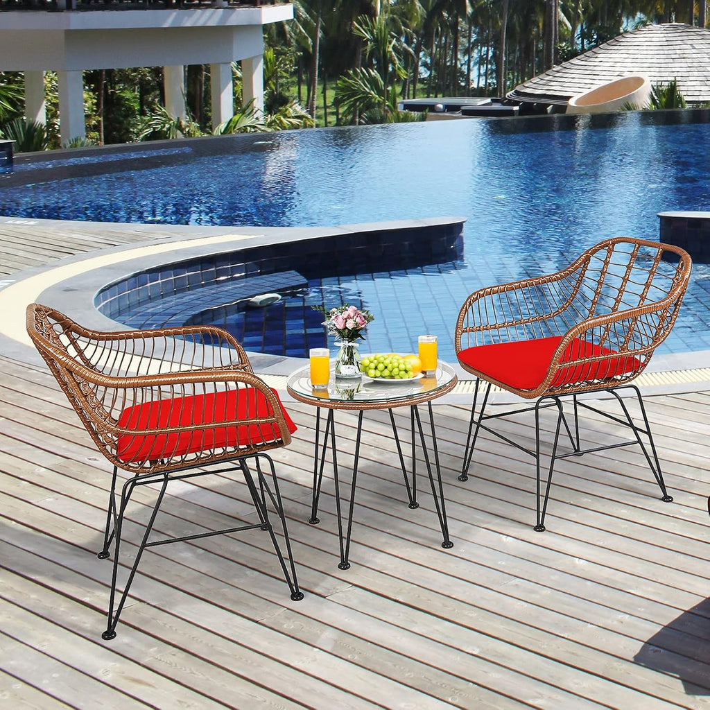 COSTWAY 3 Pieces Patio Bistro Set, Outdoor Rattan Conversation Seating Chair Set with Coffee Table & Soft Cushions, Indoor Wicker Furniture Set for Garden, Balcony, Porch, Pool, Red