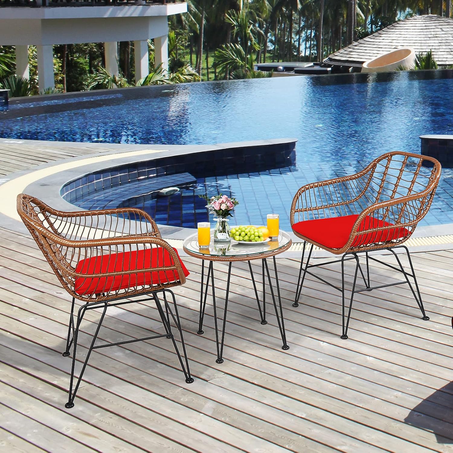 COSTWAY 3 Pieces Patio Bistro Set, Outdoor Rattan Conversation Seating Chair Set with Coffee Table & Soft Cushions, Indoor Wicker Furniture Set for Garden, Balcony, Porch, Pool, Red