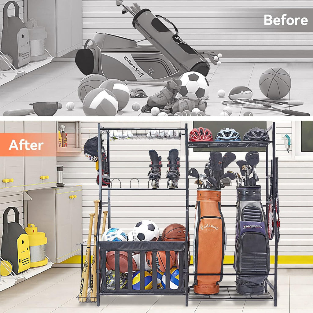 WALMANN Garage Sports Equipment Organizer, Golf Bag Stand for Garage Ball Storage Rack Indoor/Outdoor Kids Toys Storage Organizer Bins, Ball Holder with Baskets