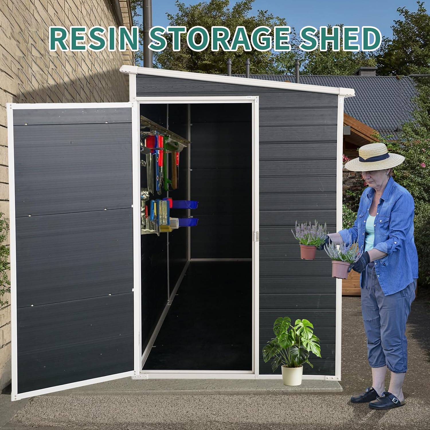 Ball & Cast 8x4FT Outdoor Storage Shed,Plastic Shed with 2 Windows and Lockable Doors, Waterpoof Garden Tool Shed with Floor Base and Vents for for Storing Bicycles,Lawnmowers,Barbeques,Black