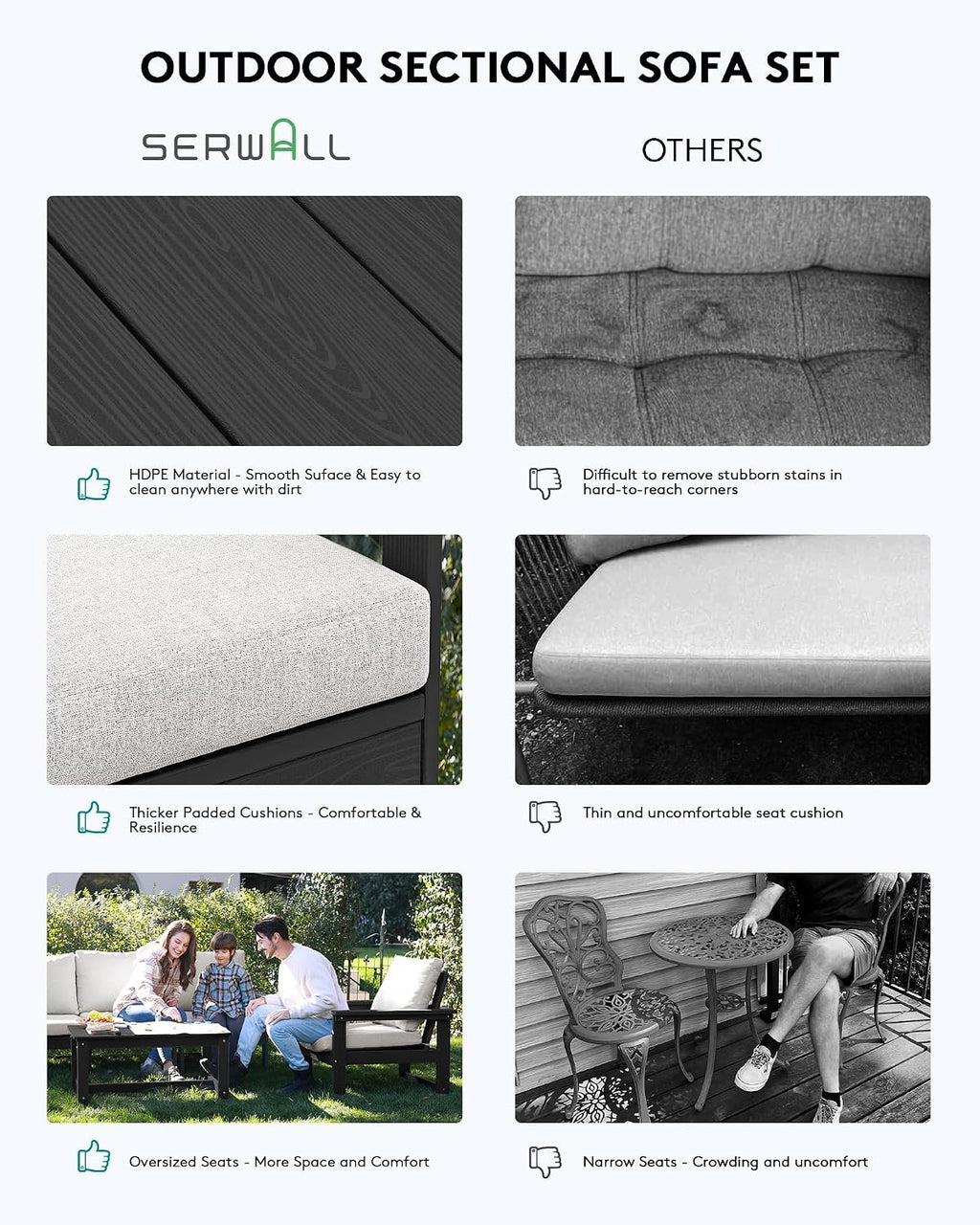 SERWALL Outdoor Sectional Sofa Set, 5-piece Outdoor Modula Couch Set with Ottoman, All Weather Patio Furniture Set with Chaise for Deck, Lawn, Black Frame with Khaki Cushion