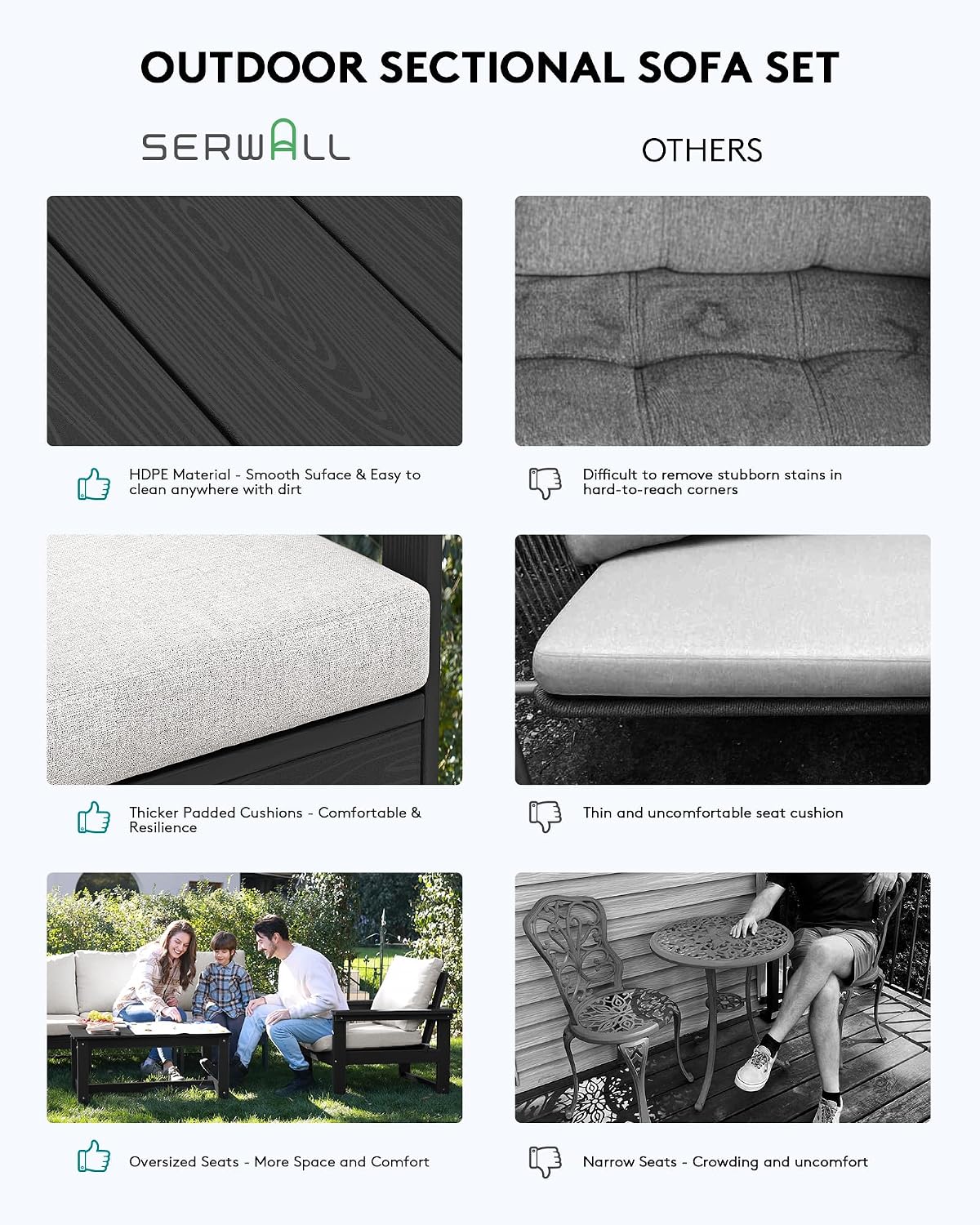 SERWALL Outdoor Sectional Sofa Set, 5-piece Outdoor Modula Couch Set with Ottoman, All Weather Patio Furniture Set with Chaise for Deck, Lawn, Black Frame with Khaki Cushion