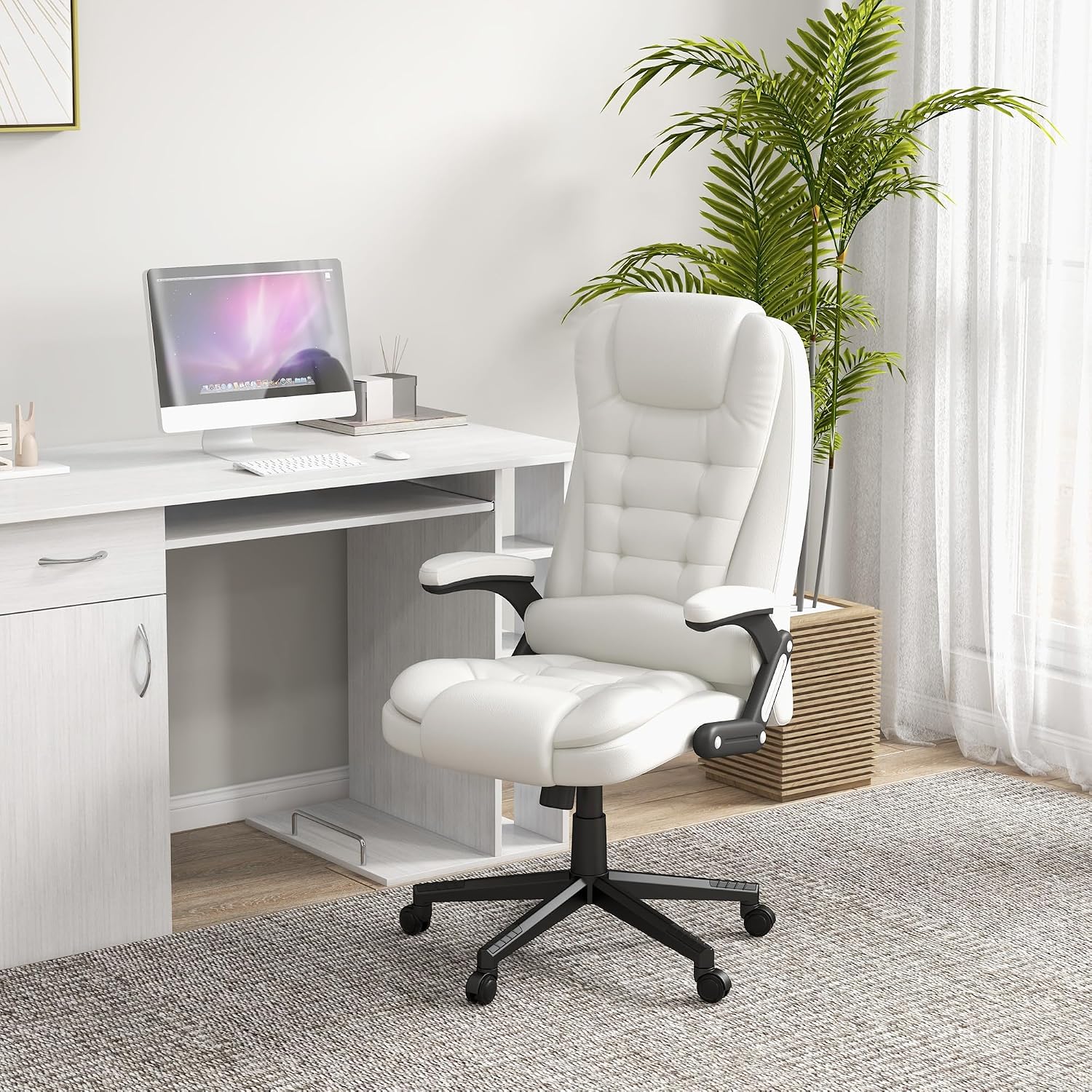 HOMCOM High Back Vibration Massage Office Chair with 6 Vibration Points, Heated Reclining PU Leather Computer Chair with Armrest and Remote, White