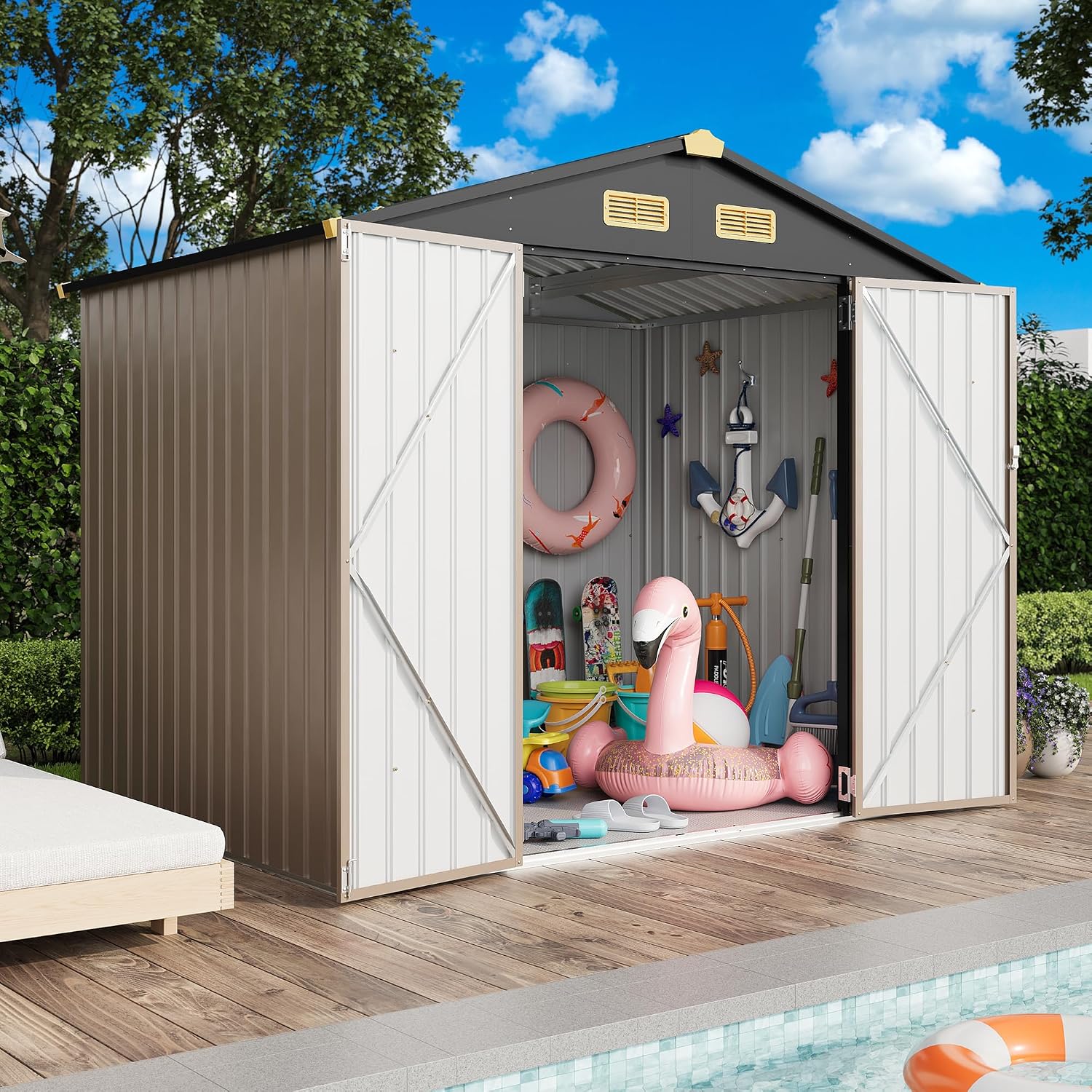 IRONCK 8x6FT Outdoor Storage Shed with Lockable Doors, 7.4x5.3FT Base Galvanized Steel Metal Garden Tool Shed with Breathable Vent for Yard Bins/Generator/Wheelbarrow Storage, Brown