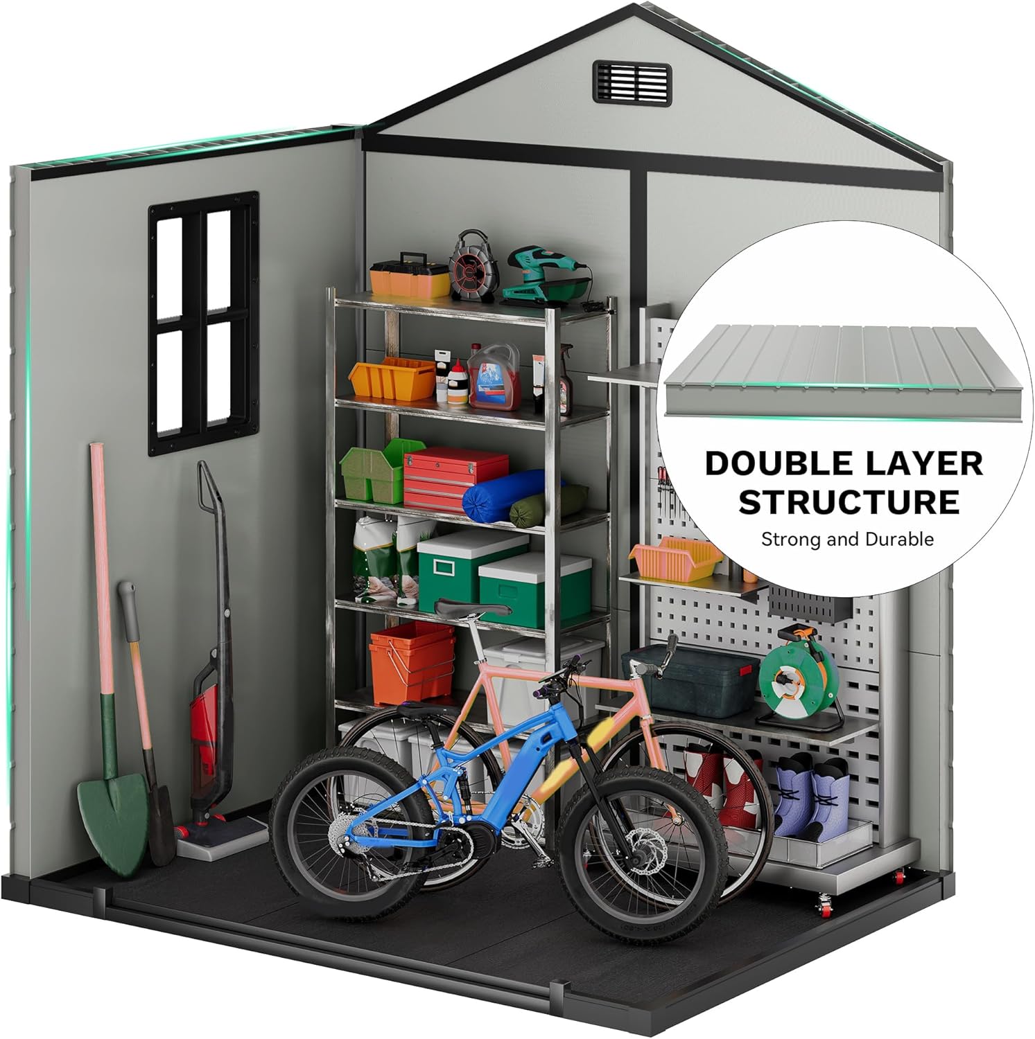 DWVO 6x4.4 FT Resin Storage Shed with Fence-Style and Side Windows, Lockable Door, and Vents for Garden, Backyard, Patio, Lawn, Blue-Gray