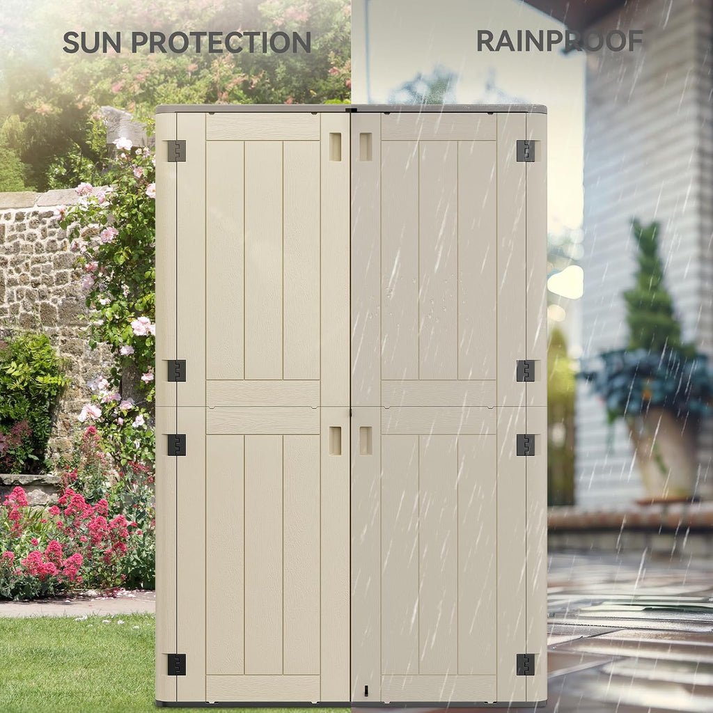 YITAHOME 60 cu ft Tall Outdoor Storage Shed w/o Shelf, Resin Vertical Outdoor Storage Shed, Large Waterproof Storage Cabinet for Garage, Poolside, and Garden (Khaki + Black)