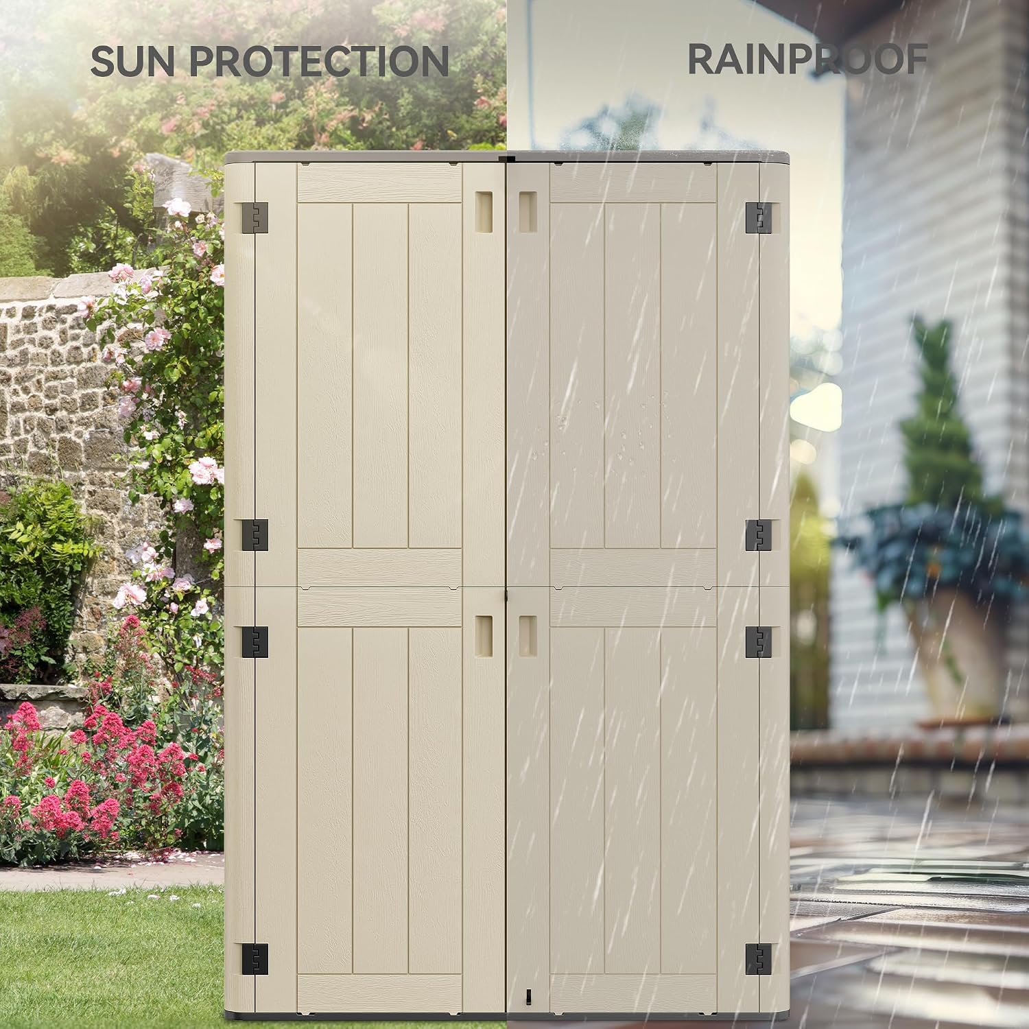 YITAHOME 60 cu ft Tall Outdoor Storage Shed w/o Shelf, Resin Vertical Outdoor Storage Shed, Large Waterproof Storage Cabinet for Garage, Poolside, and Garden (Khaki + Black)