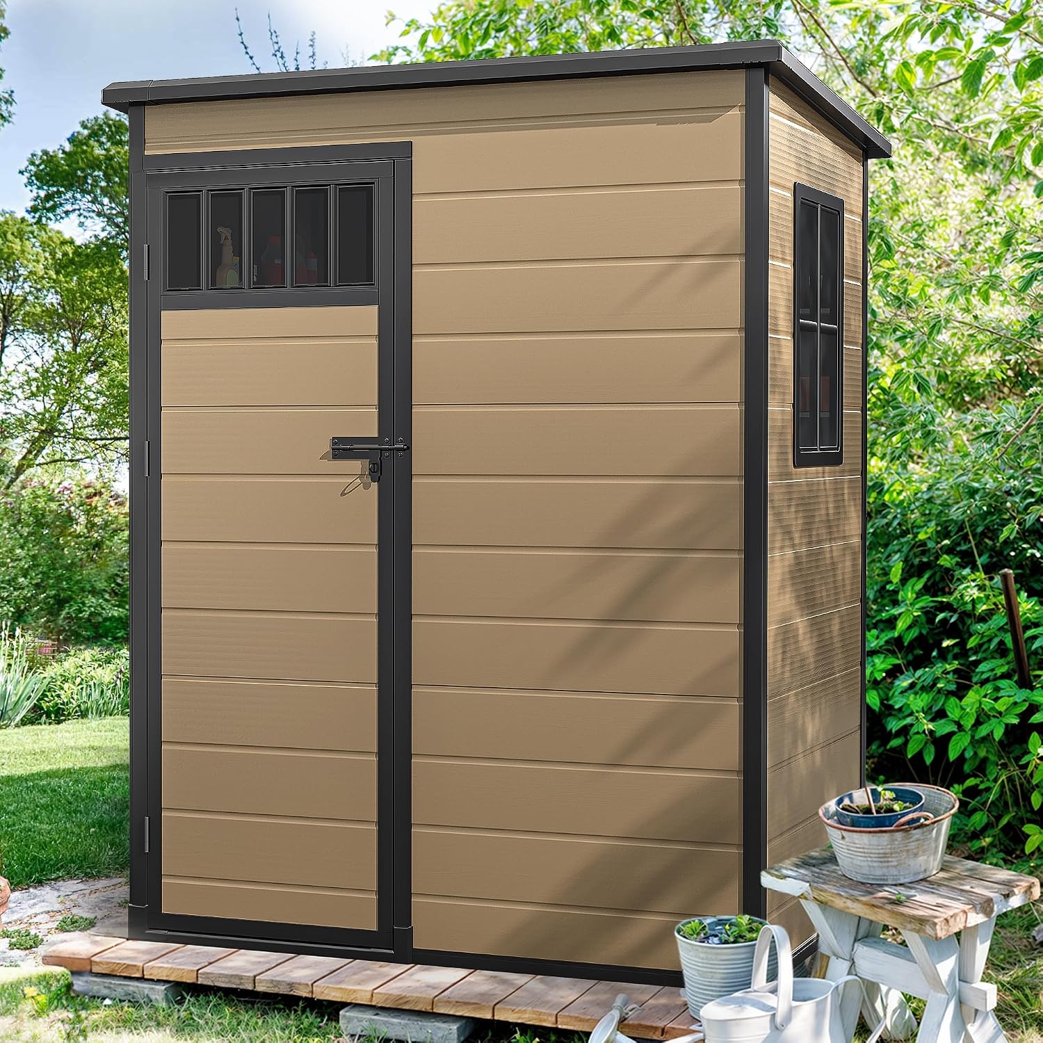 DWVO 5x3FT Outdoor Storage Shed with Fence-Style and Side Windows, Floor, Lockable Doors, Plastic Storage for Backyard and Garden, Brown