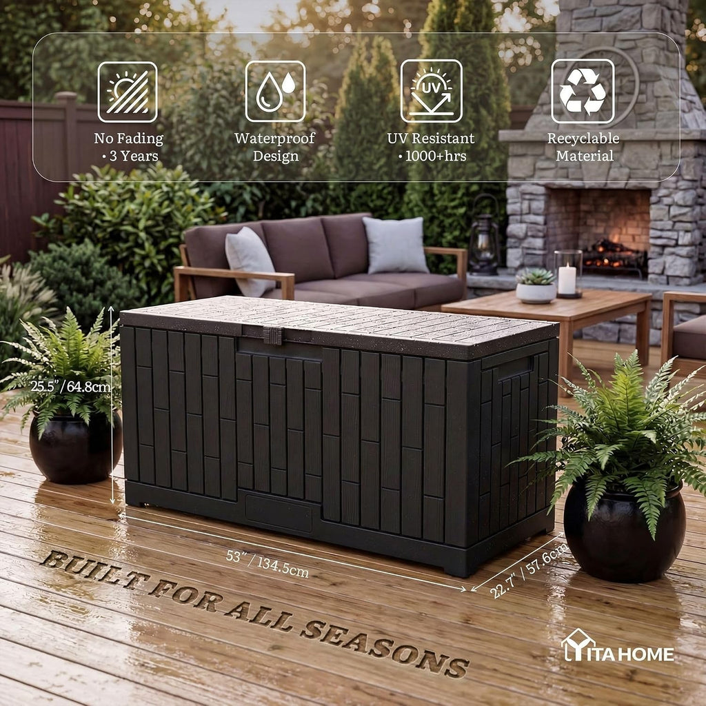 YITAHOME 120 Gallon Outdoor Storage Deck Box, Large Resin Patio Storage Box with Slide-Locking Lid, 53'L 2-Person Bench Seat for Outdoor Pillows, Garden Tools & Pool-Supplies, Waterproof (Black)