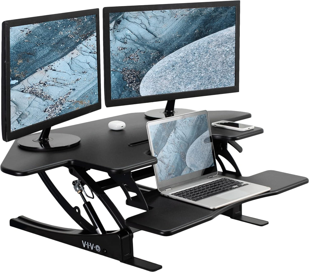 VIVO 43 inch Corner Height Adjustable Cubicle Stand Up Desk Converter, V Series, Quick Sit to Stand Tabletop Dual Monitor Riser Workstation, Black, DESK-V000VC