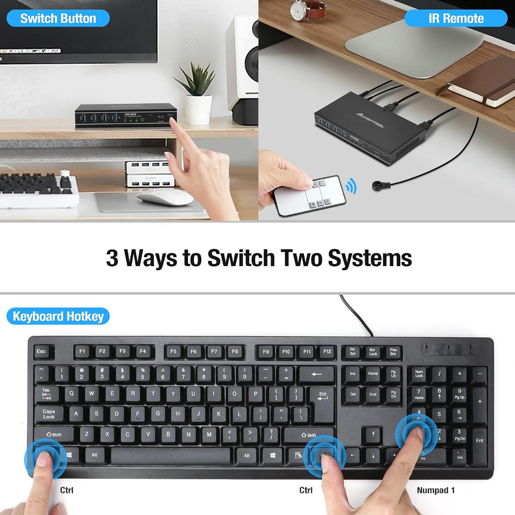 2x1 HDMI/USB-C 4K60Hz KVM Switch with PD Pass-Through - Selector for 2 Computers Sharing 4K Monitor Keyboard Mouse - Includes Cables to Connect Host Devices - Supports 100W Fast Charging
