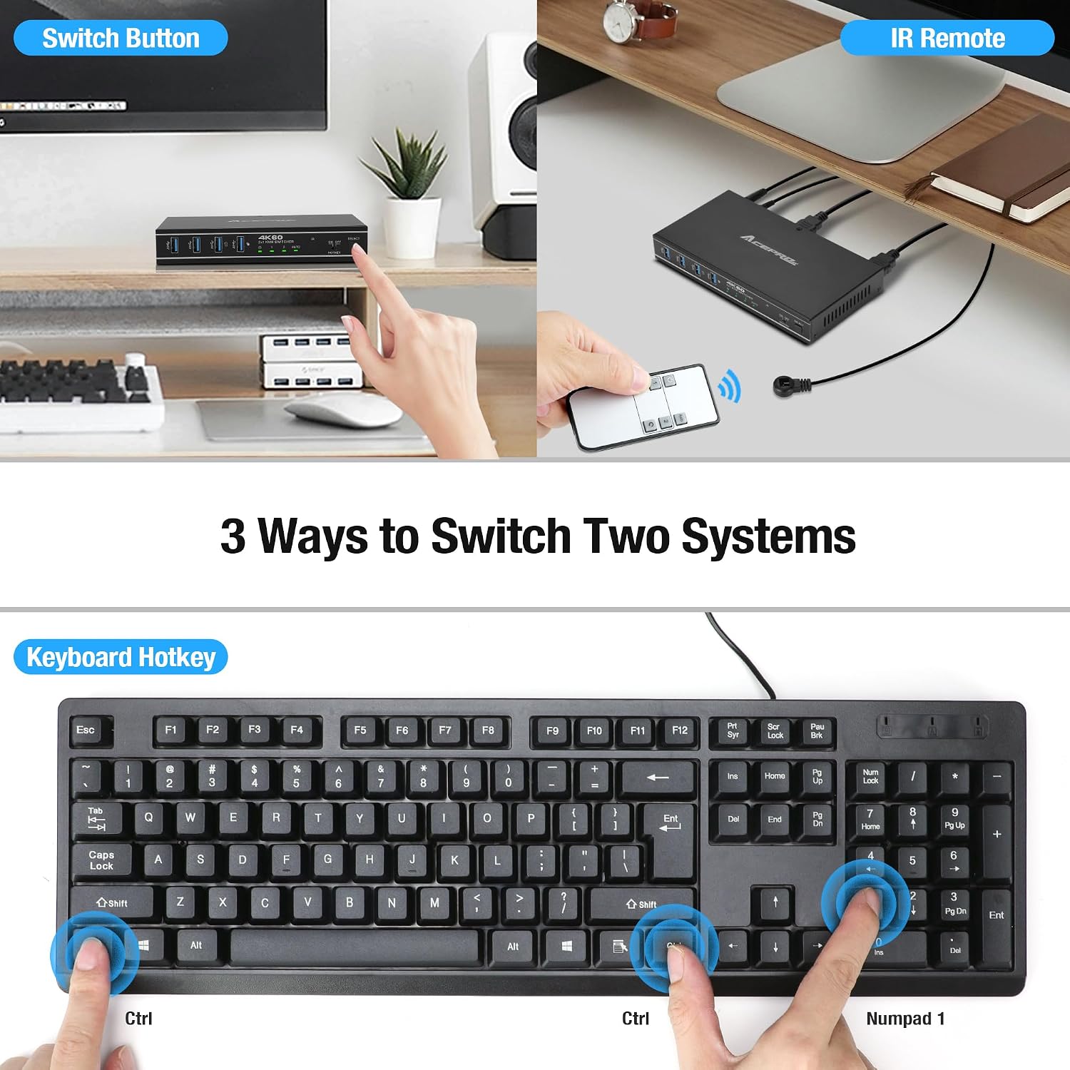 2x1 HDMI/USB-C 4K60Hz KVM Switch with PD Pass-Through - Selector for 2 Computers Sharing 4K Monitor Keyboard Mouse - Includes Cables to Connect Host Devices - Supports 100W Fast Charging