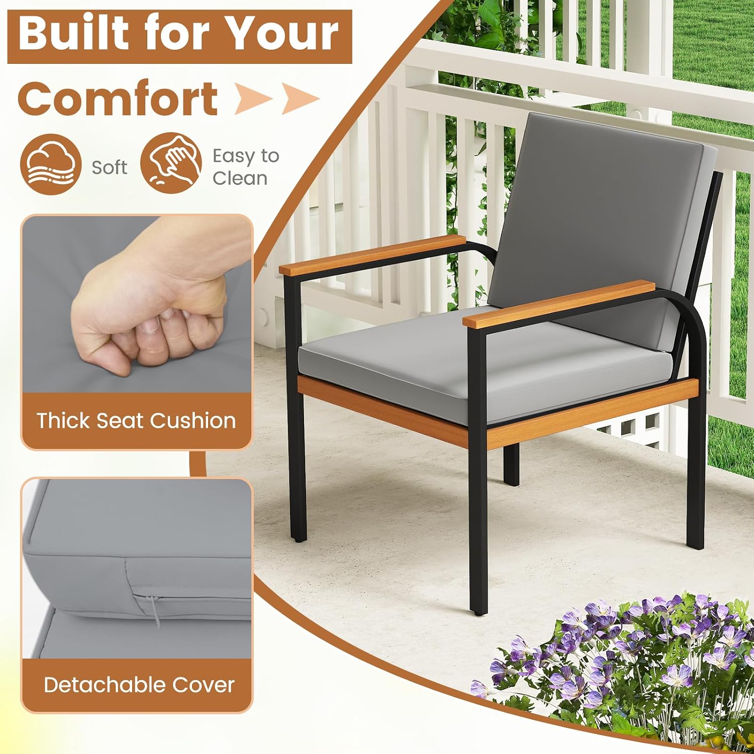 Tangkula 4 Pieces Patio Furniture Set, Outdoor Conversation Set with Acacia Wood Coffee Table, Cushioned Loveseat & 2 Single Armrest Chairs, for Porch, Garden, Backyard, Poolside