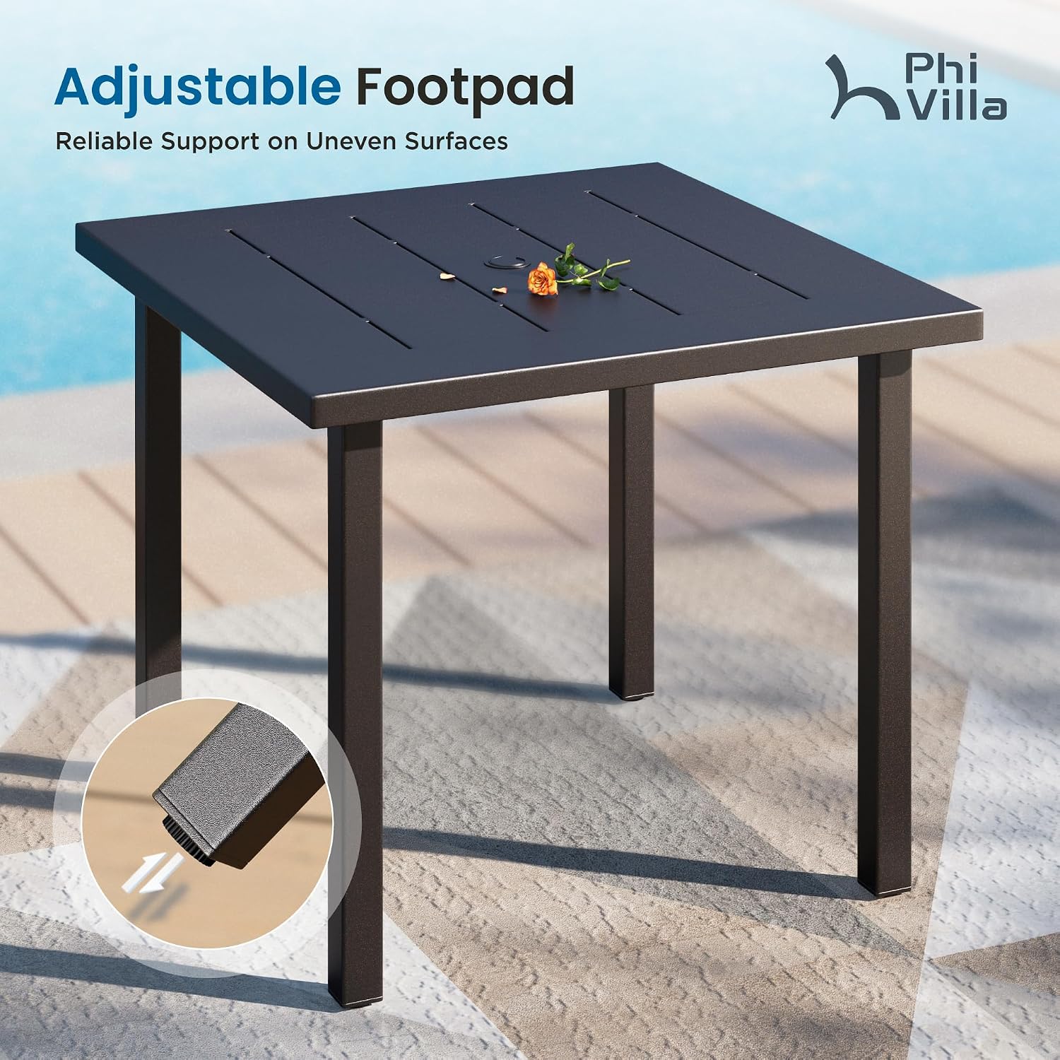 PHI VILLA 5 Piece Metal Outdoor Table and Chairs, 34.2' Metal Square Table with Umbrella Hole & Stackable Wrought Iron Chairs, All Weather Large Furniture Set for Patio, Deck, Backyard, Porch - Black