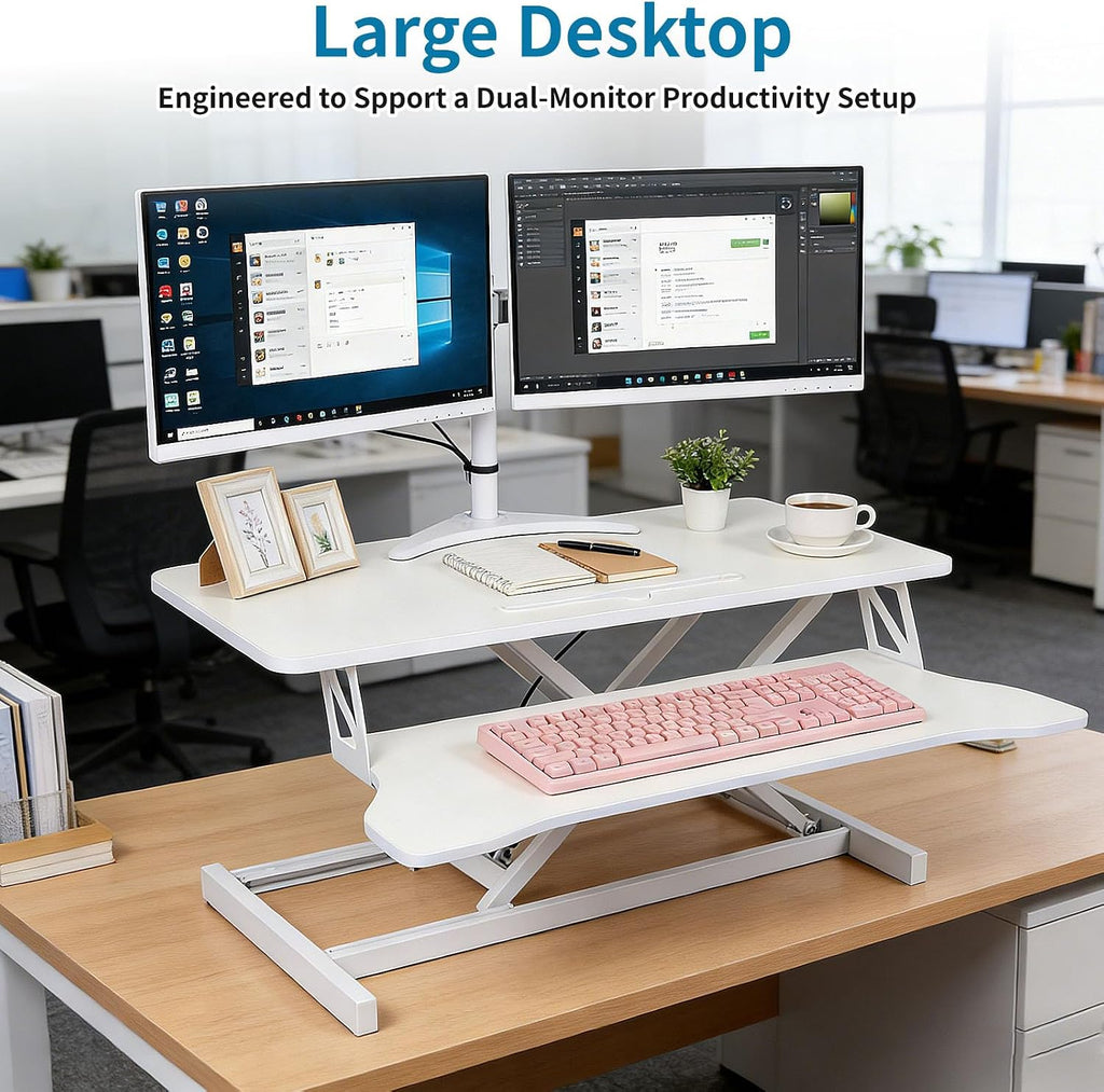 Standing Desk Converter, Height Adjustable Sit to Stand Riser, Dual Monitor and Laptop Workstation with Wide Keyboard Tray, Desk Lifter for Home Office