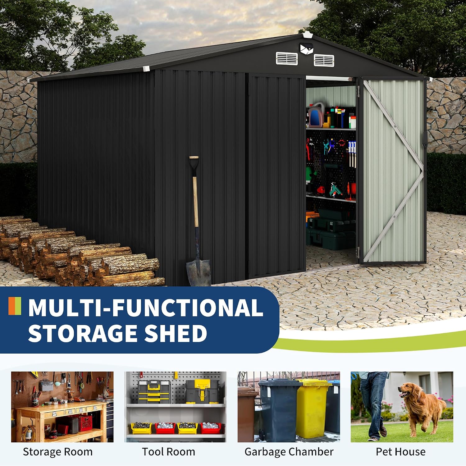 Metal Outdoor Storage Shed Kit, Lockable Door Utility Shed with Air Vent for Backyard Garden Patio Lawn