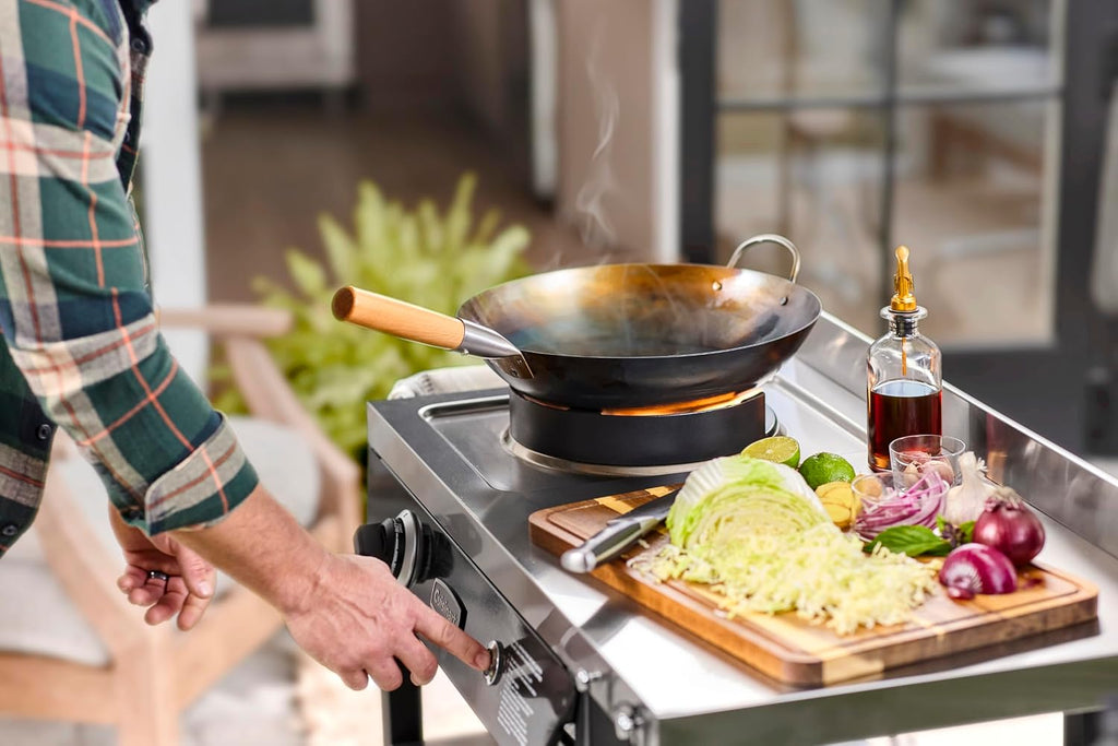 Cuisinart Outdoor Wok Station, 50,000 BTU Propane Outdoor Wok Burner with Prep Table, 14' Carbon Steel Fry Pan, Stainless Steel Side Table, Storage, Outdoor Cooking Station for Stir Fry, Searing, BBQ