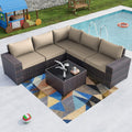 Kullavik Outdoor Patio Furniture Set 6 Pieces Sectional Rattan Sofa Set Brown PE Rattan Wicker Patio Conversation Set with 5 Seat Cushions and 1 Tempered Glass Table,Sand