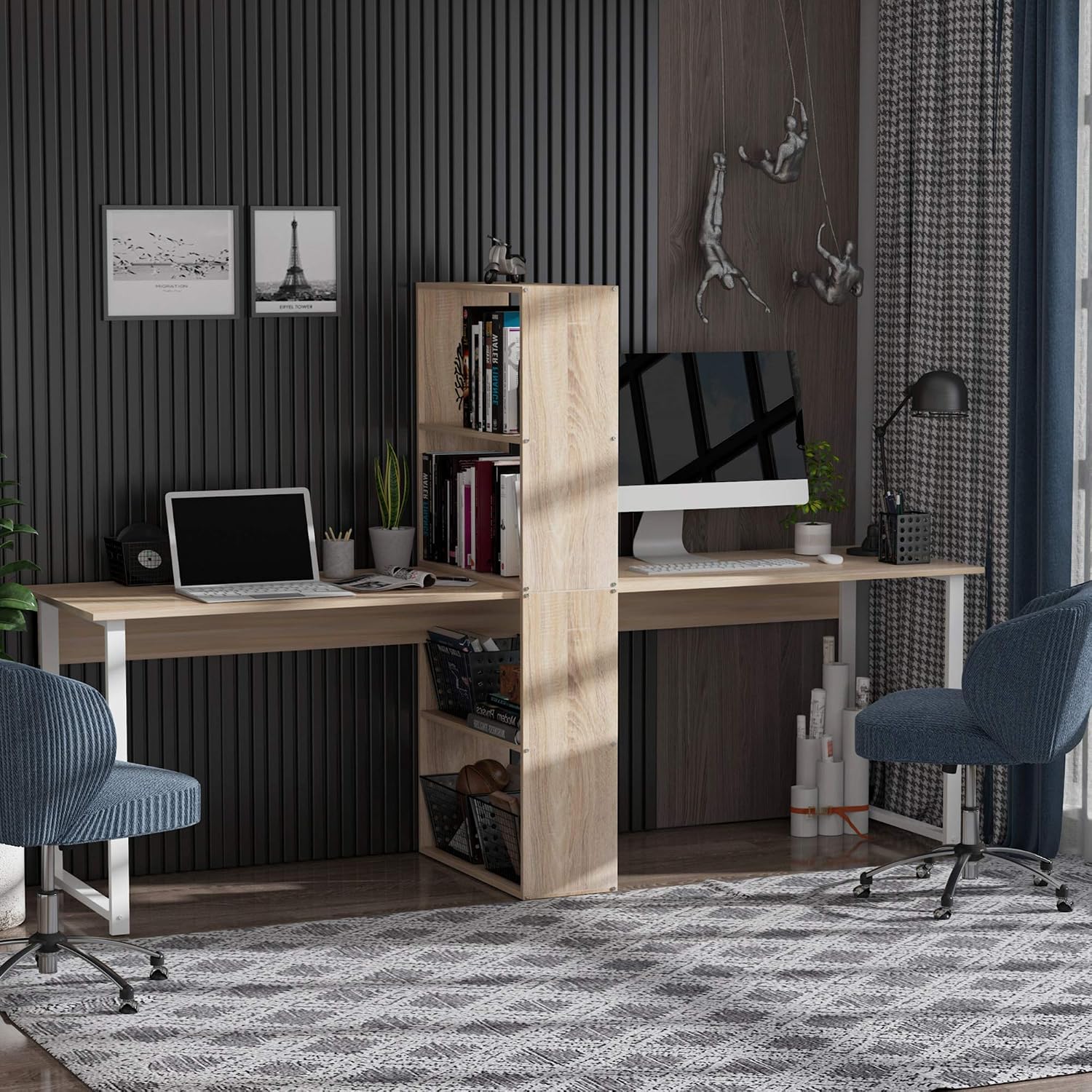 HOMCOM 88' Extra Long 2-Person Computer Desk with Storage Shelves Combo, Double Workstation Storage Study Writing Table for Home Office, Bookshelf, Natural Wood Color